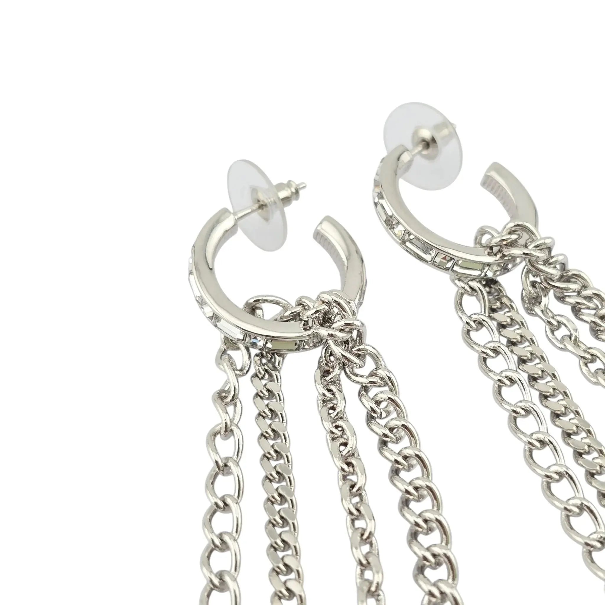 Chanel CC Chain Crystal Silver Hoop Earrings 22P CHANEL
