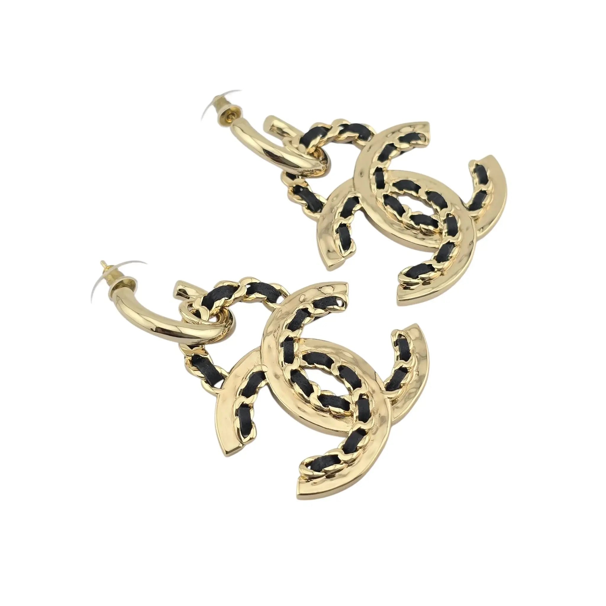 Chanel CC Gold Black Woven Leather Drop Earrings 2021 CHANEL