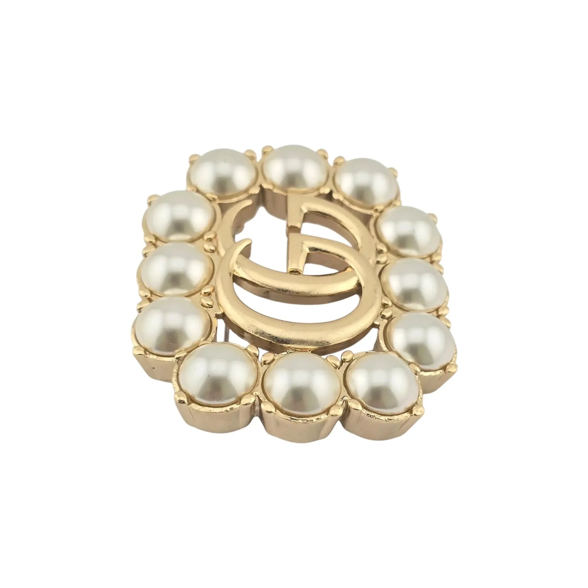 GUCCI GG Pearl Double G Brooch Aged Gold GUCCI