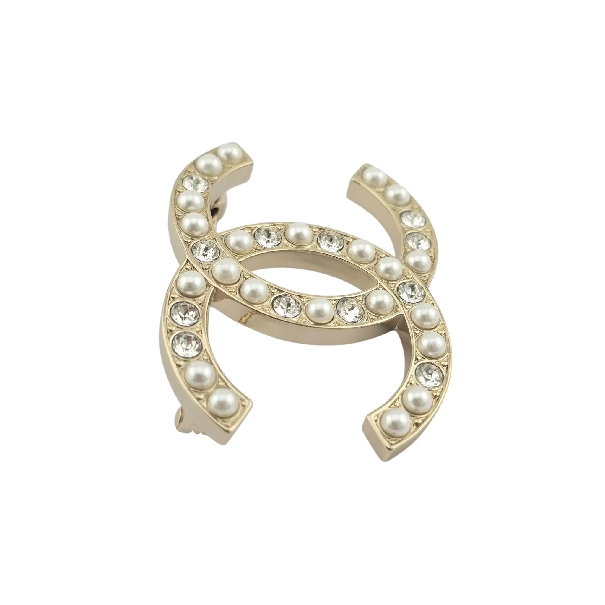 Chanel CC Gold Crystal Faux Pearl Brooch 2023 CHANEL