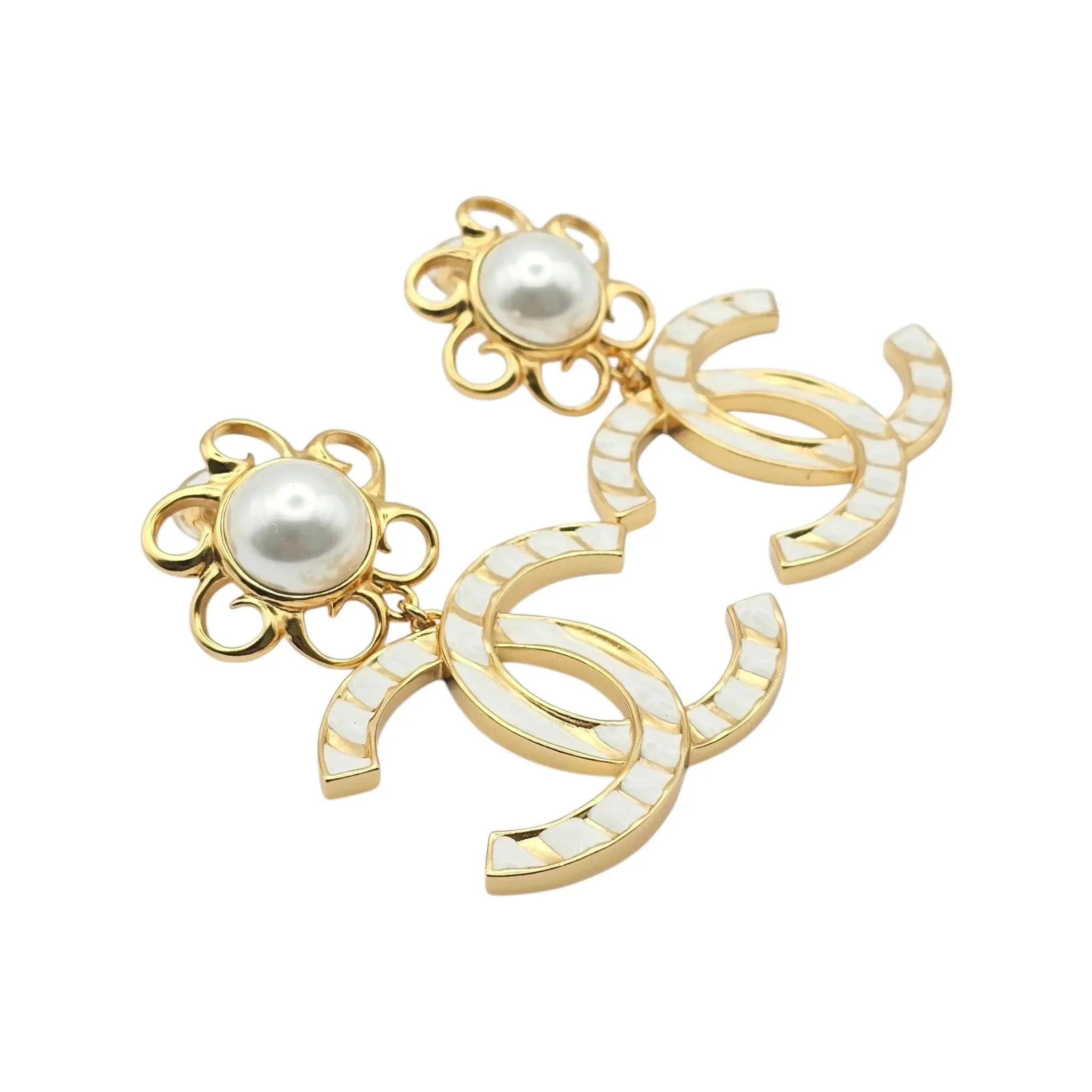 Chanel 23C XL Gold White Stripe Clip On Dangle Drop Earrings CHANEL