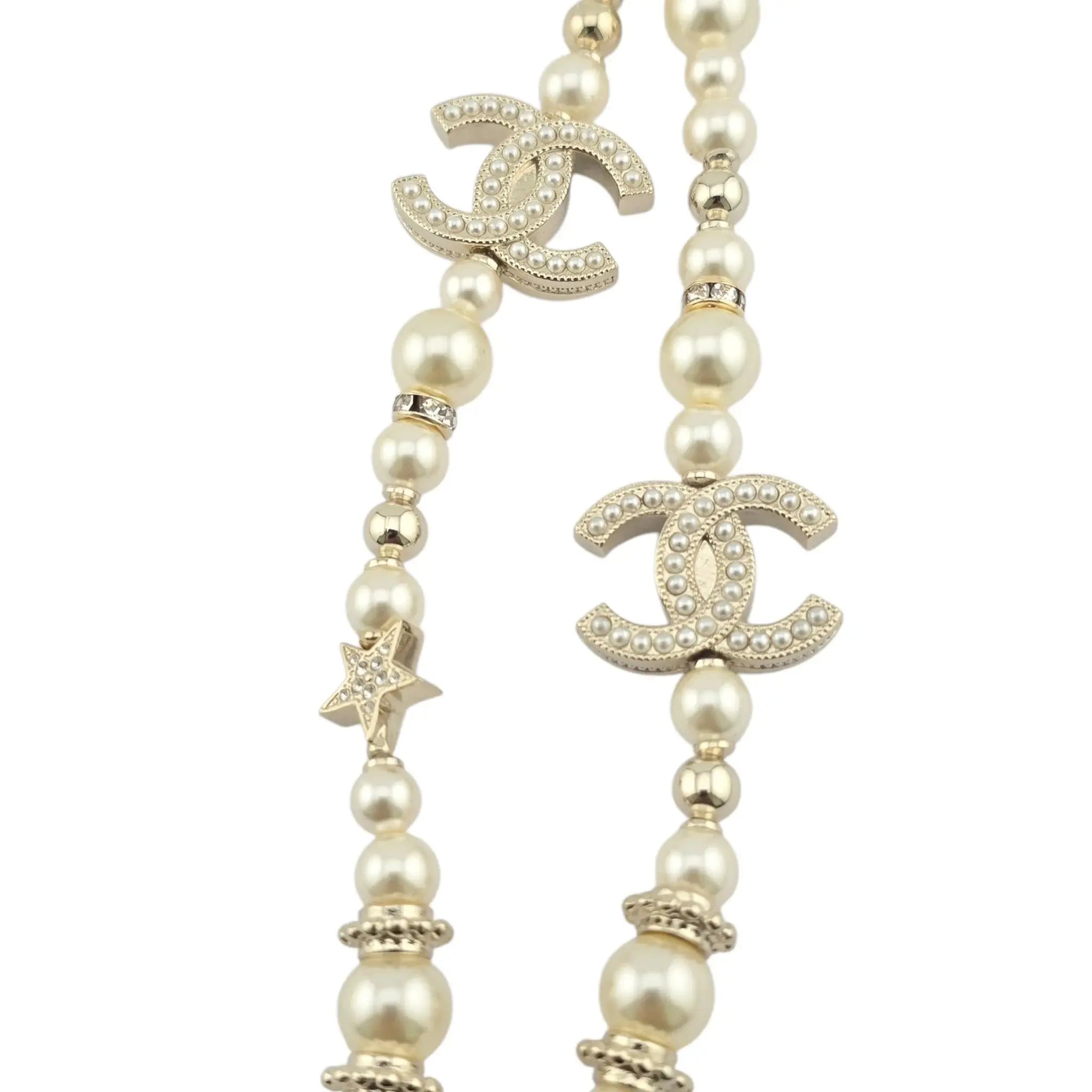 Chanel CC Long Faux Pearl Necklace Star Crystals 2023 CHANEL