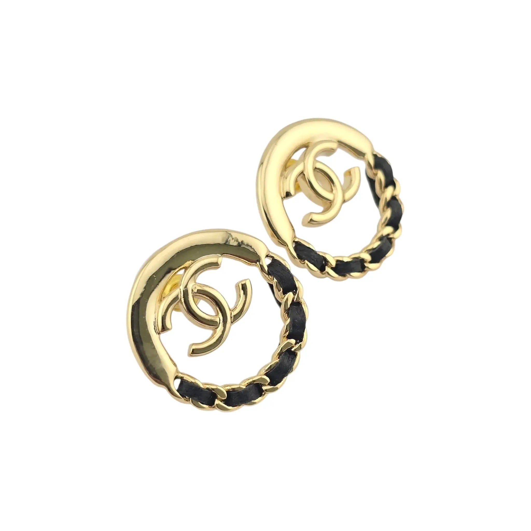 Chanel CC Round Gold Black Leather Earrings 2022 CHANEL