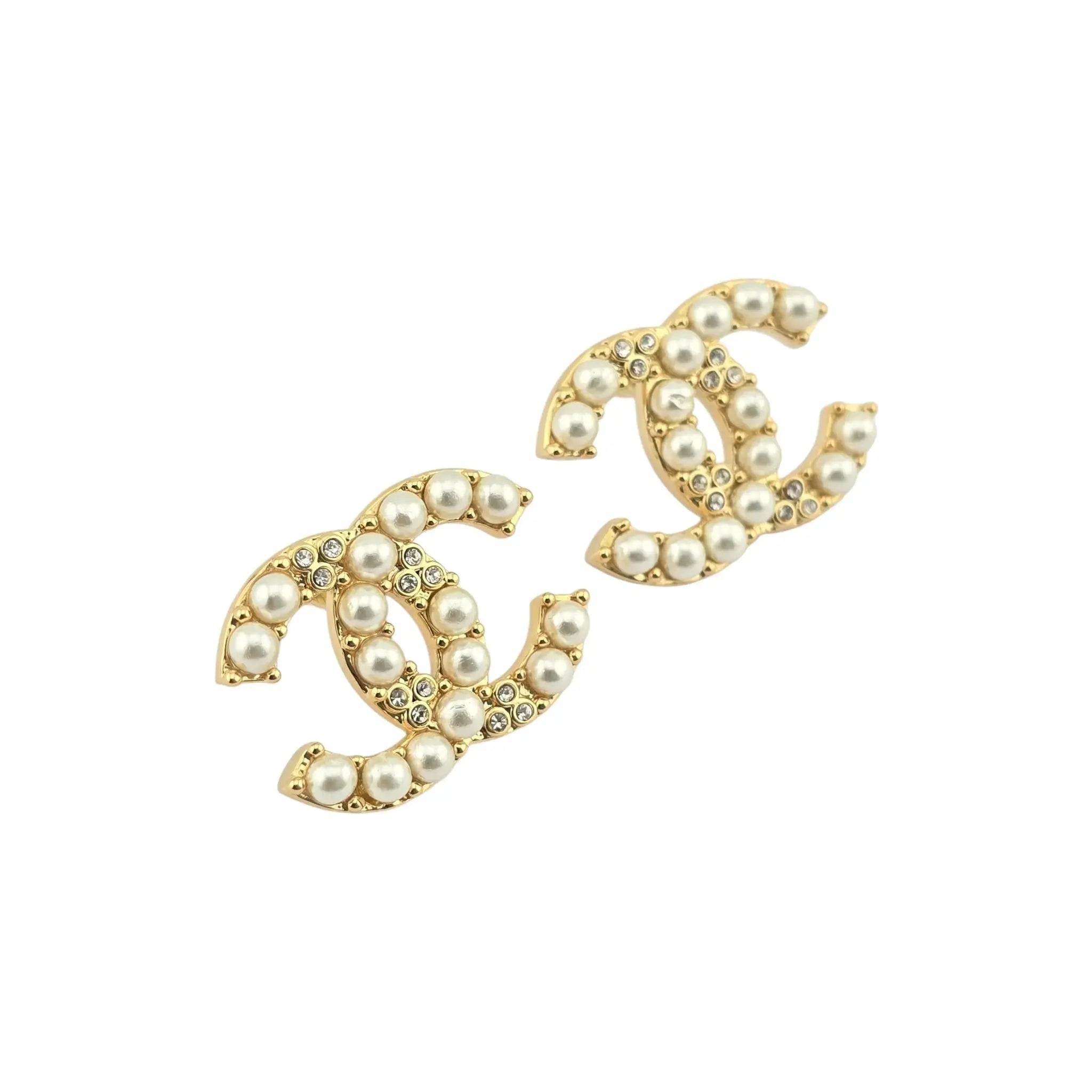 Chanel CC Gold Faux Pearl Crystal Earrings B24 CHANEL