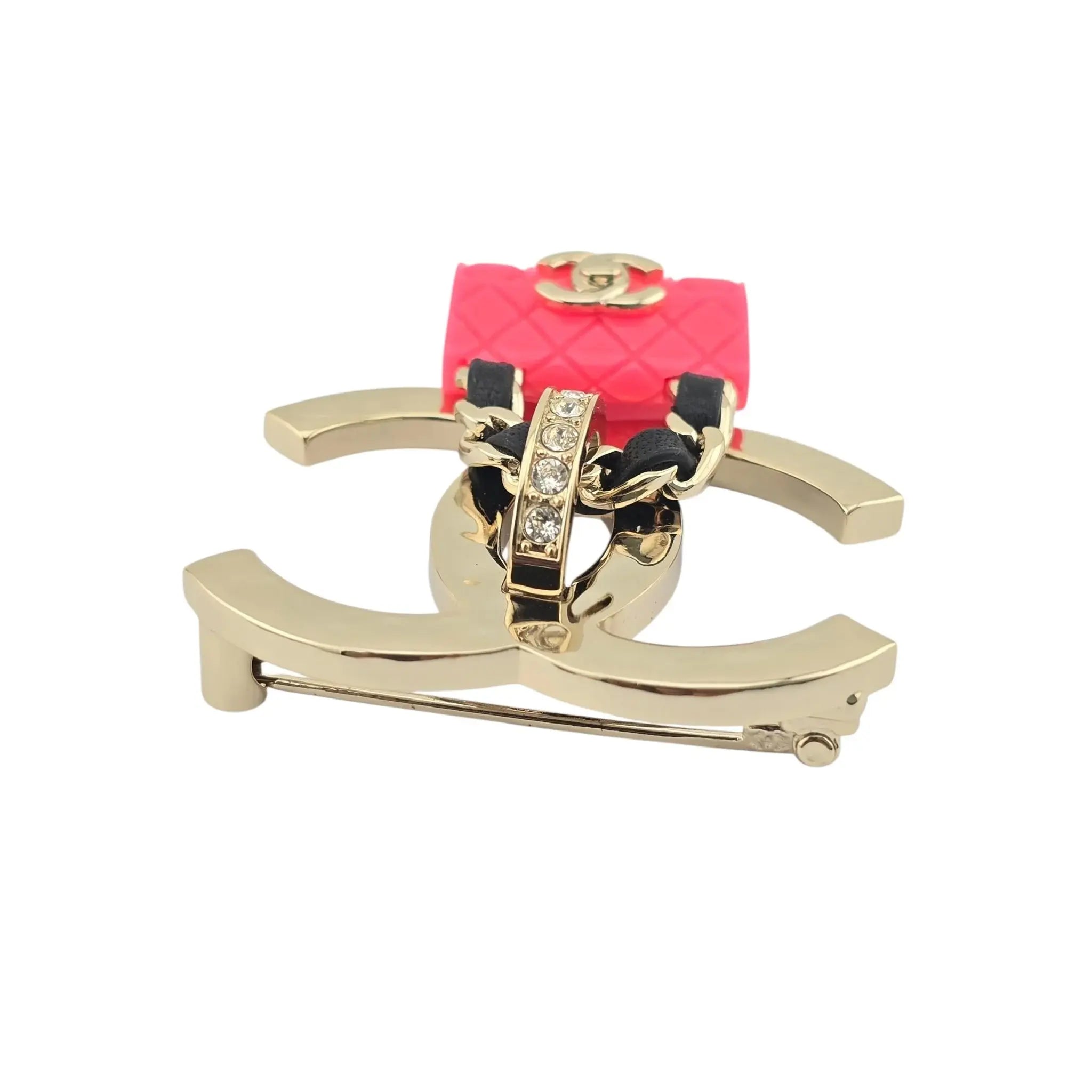 Chanel CC Crystal Resin Flap Bag Brooch Gold Pink 2023 CHANEL