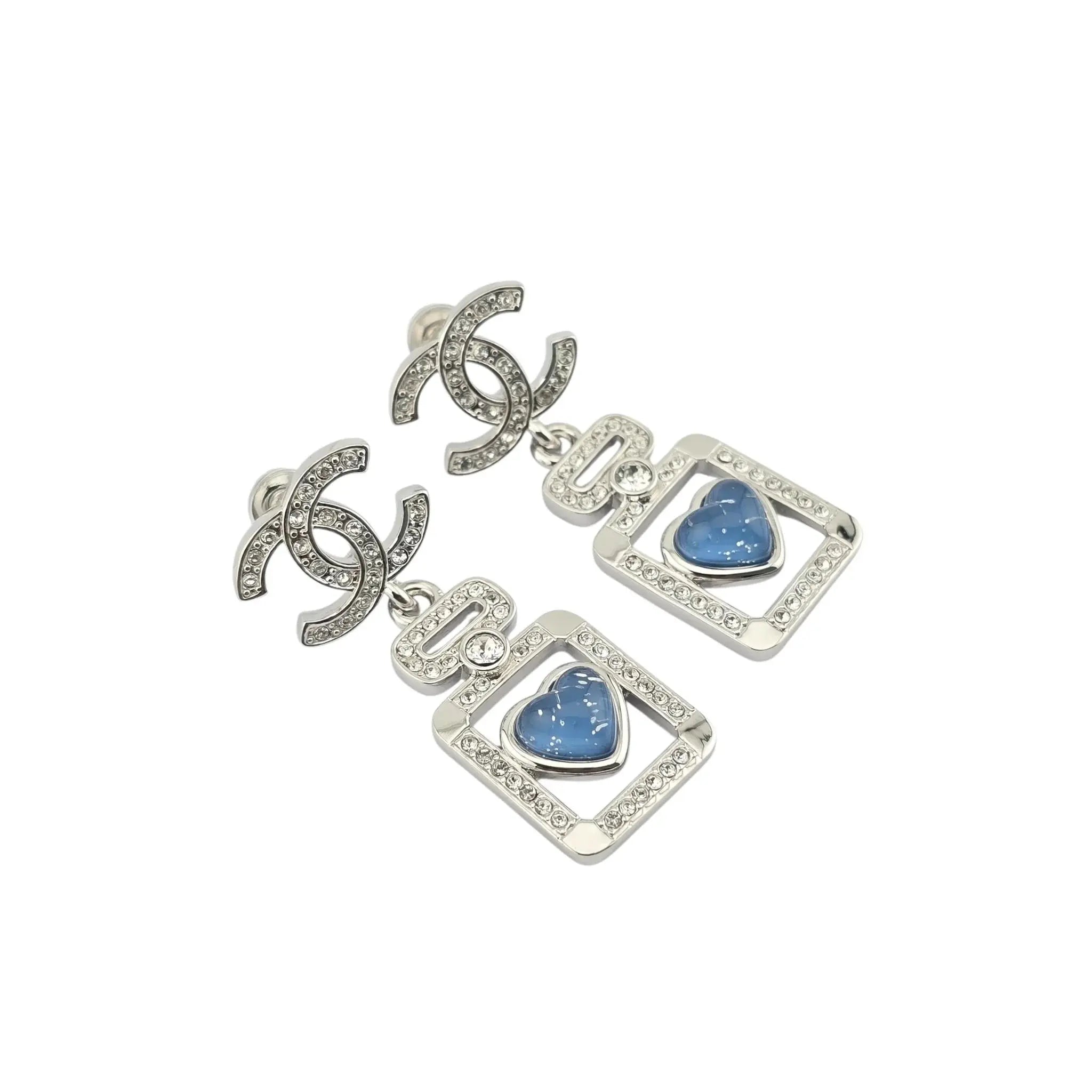 Chanel CC Silver Blue Heart Bottle Drop Earrings 2025 CHANEL