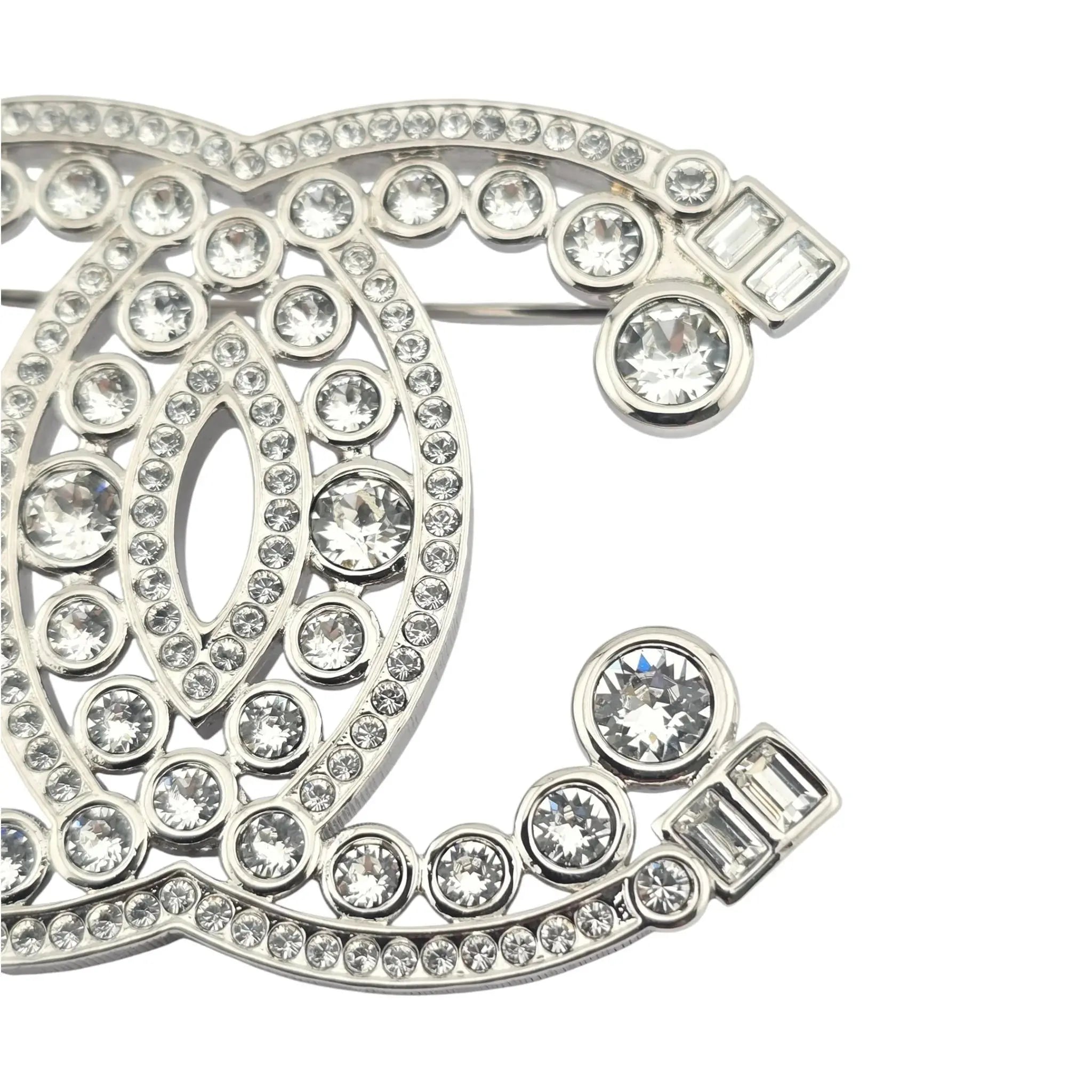 Chanel CC Metal Crystal Brooch Silver 2023 CHANEL