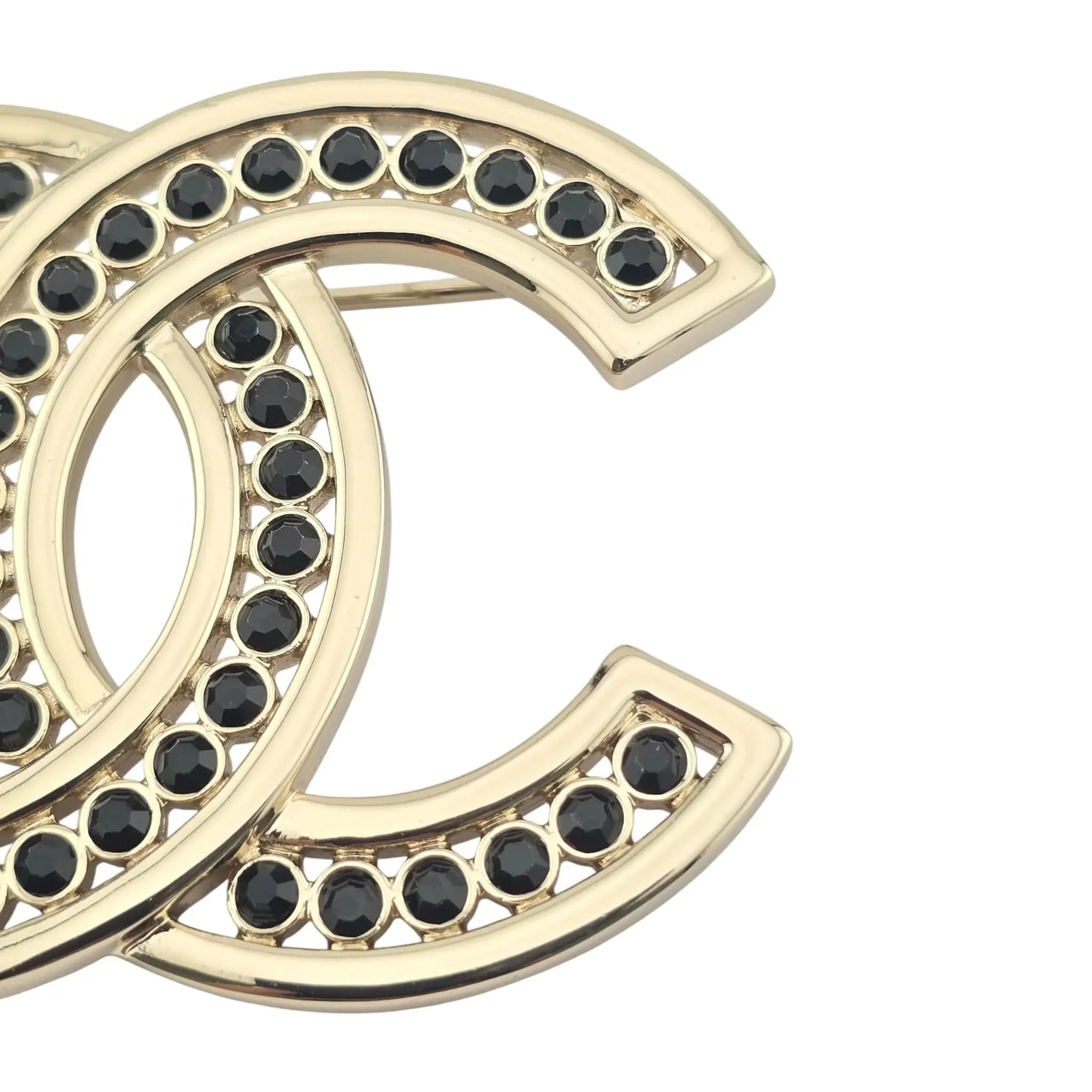 Chanel CC Metal Crystal Brooch Gold Black CHANEL