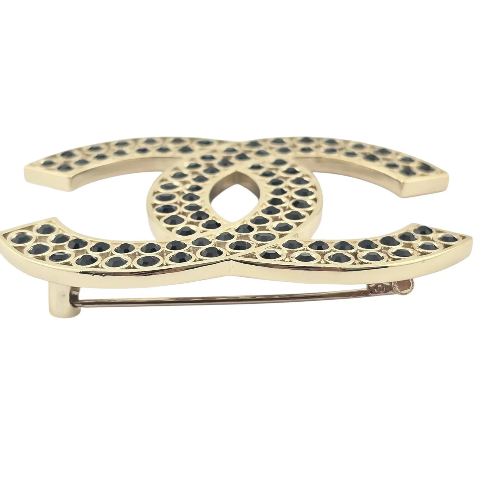 Chanel CC Metal Crystal Brooch Gold Black 2023 CHANEL