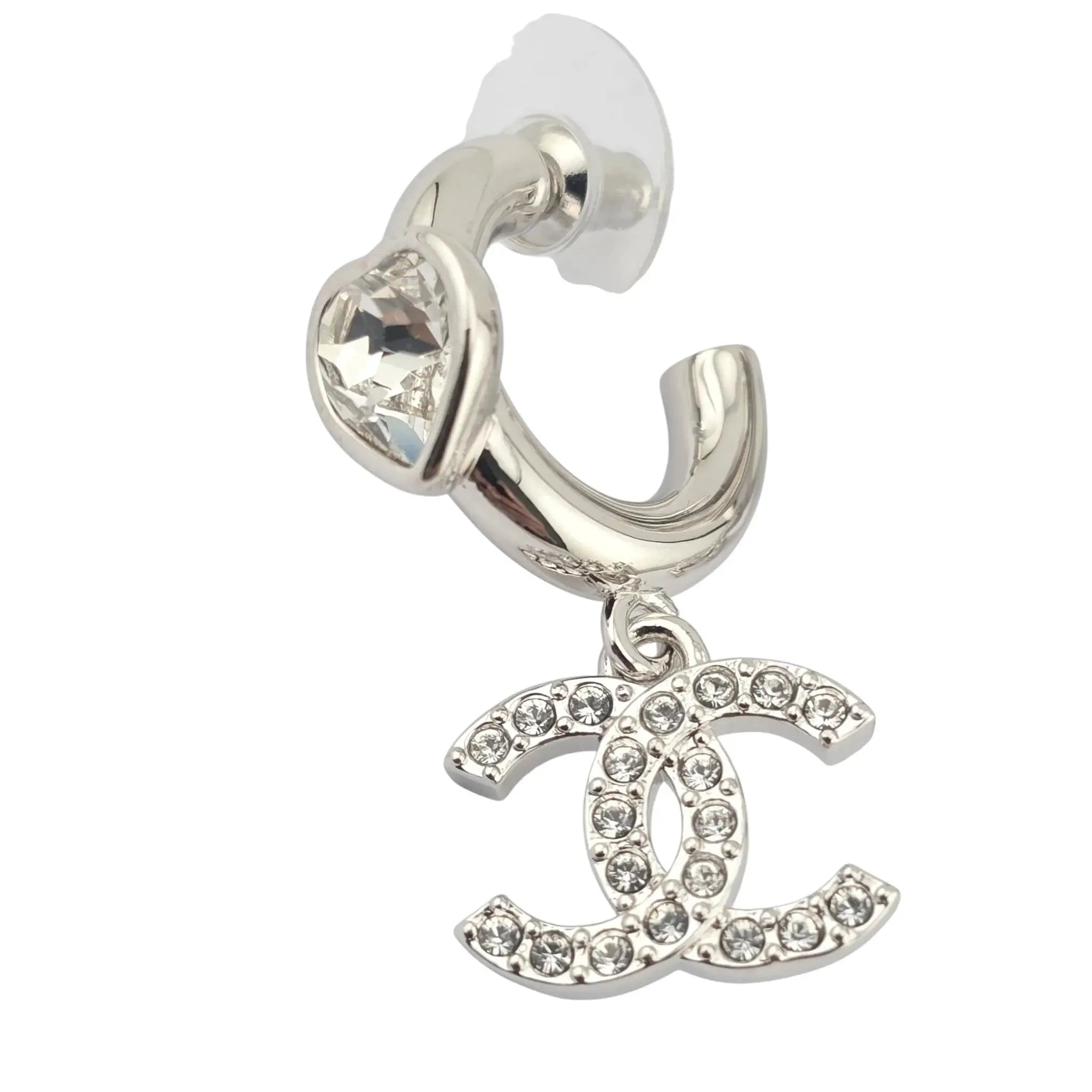 Chanel CC Crystal Heart Drop Silver Earrings 2025 CHANEL