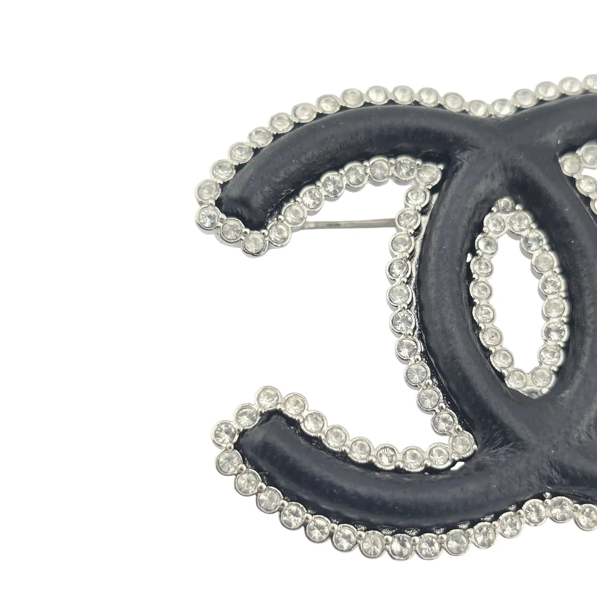 Chanel CC Crystal Leather Silver Tone Pin Brooch 2022 CHANEL