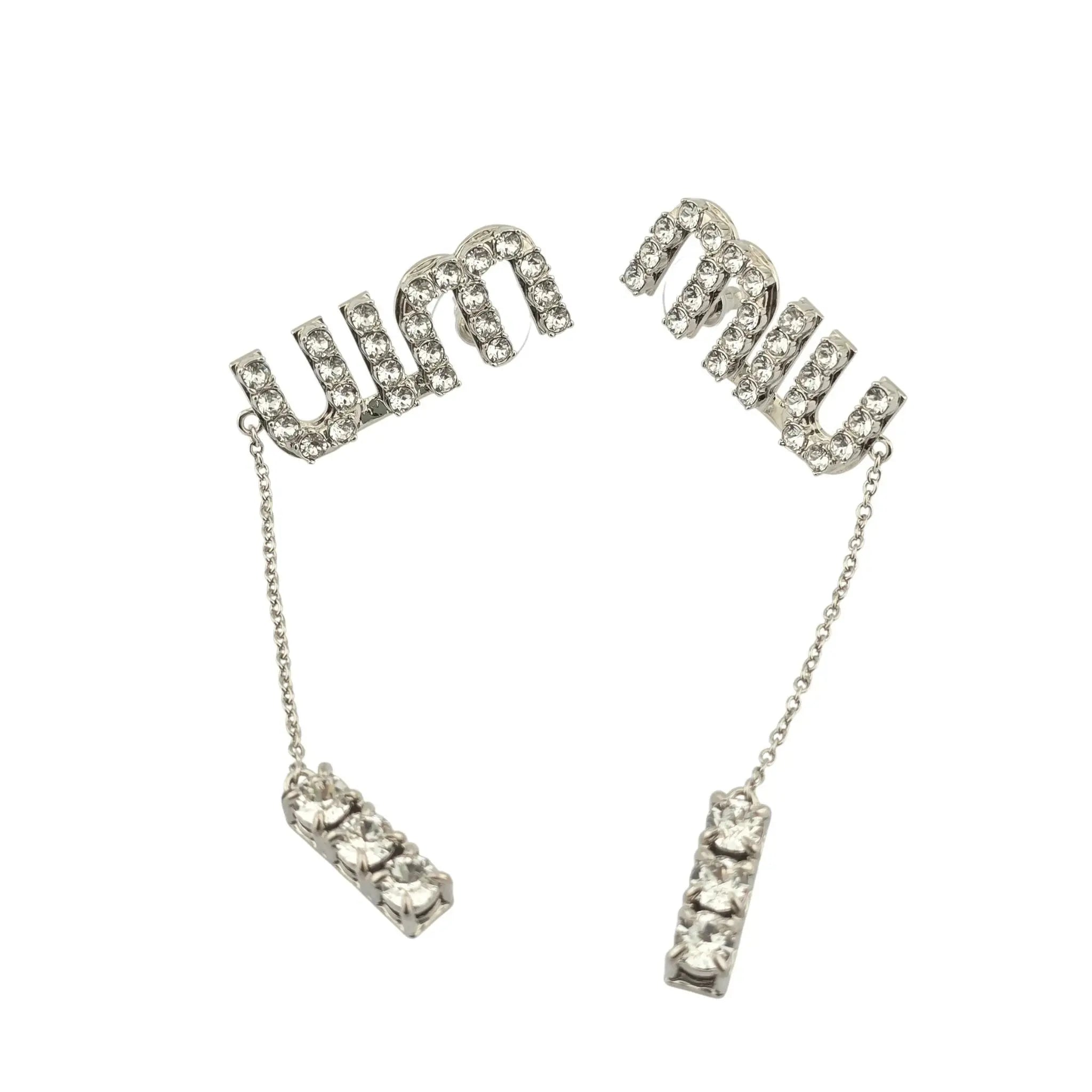 Miu Miu Logo Silver Crystal Drop Earrings MIU MIU