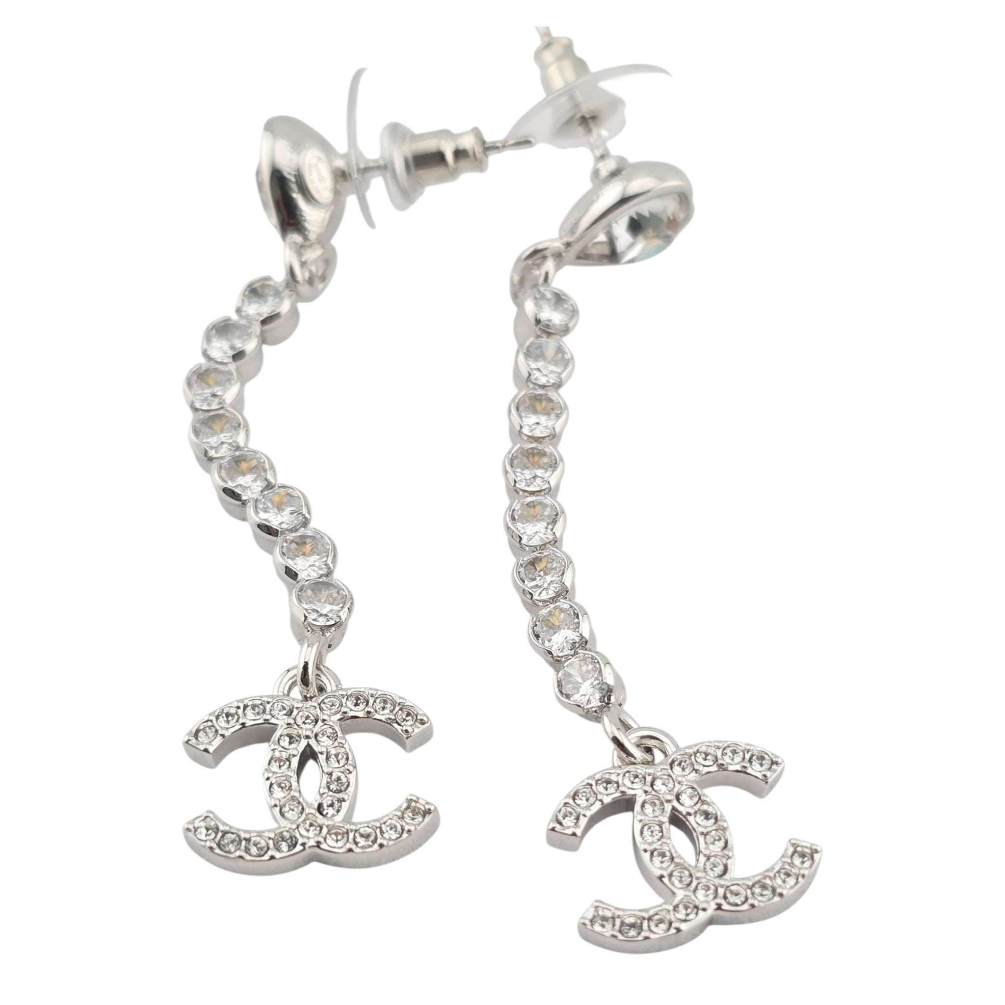 Chanel CC Silver Crystal Drop Heart Earrings 2025 CHANEL