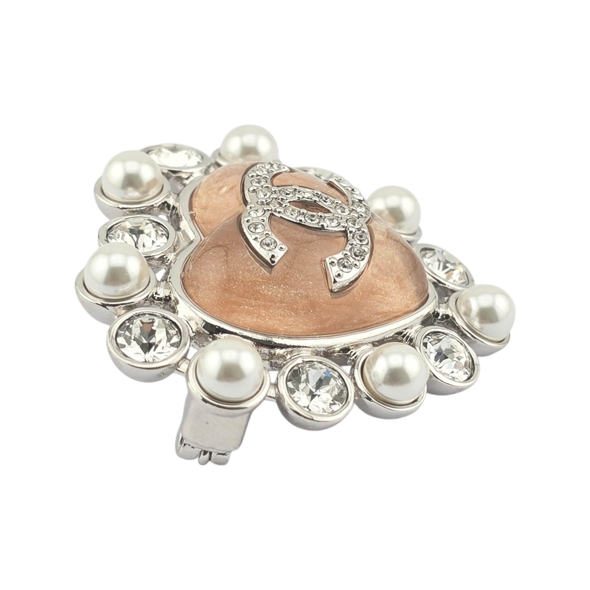 Chanel CC Silver Pink Heart Crystal Faux Pearl Brooch 2025 CHANEL