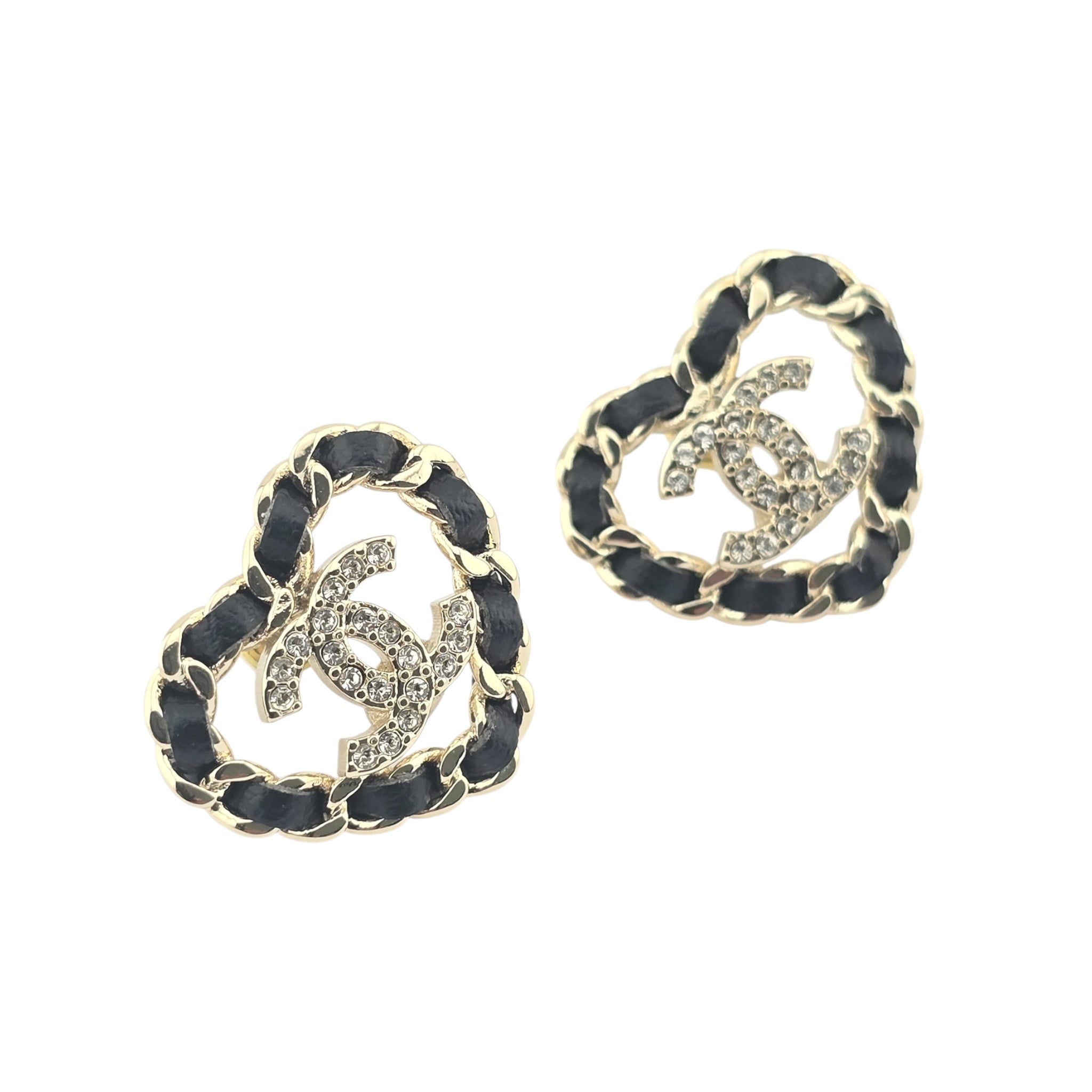 Chanel CC Black Gold Heart Stud Earrings A25