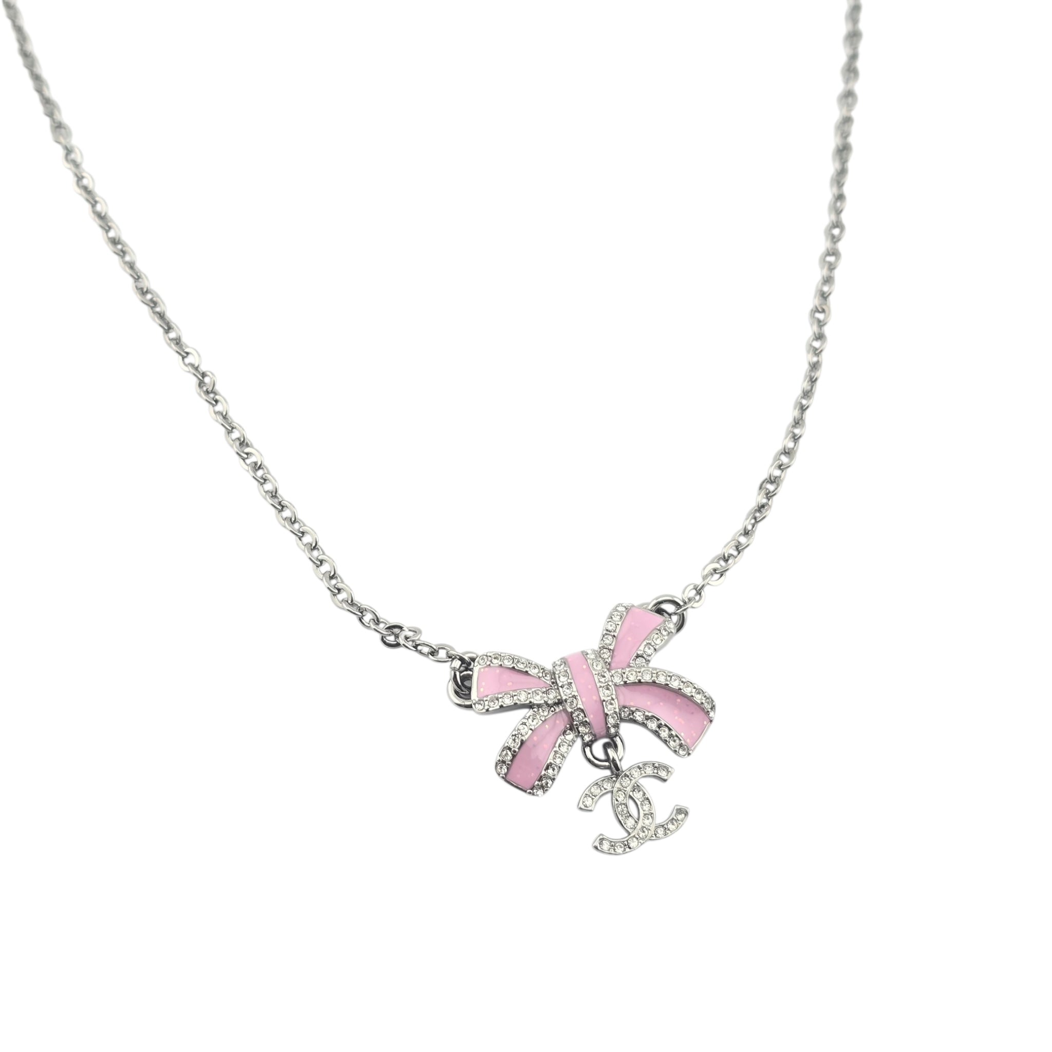 Chanel CC Silver Crystal Enamel Bow Necklace 2025