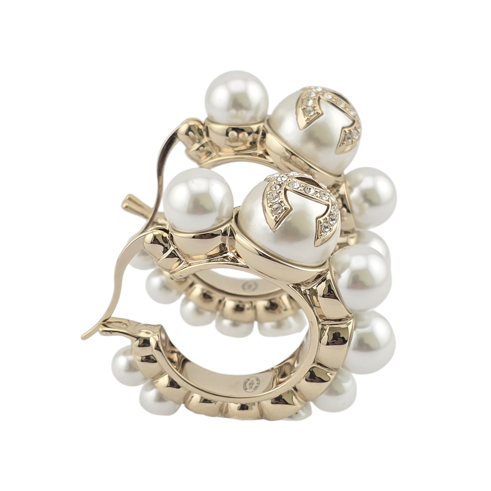 Chanel CC Gold Faux Pearl Hoop Earrings