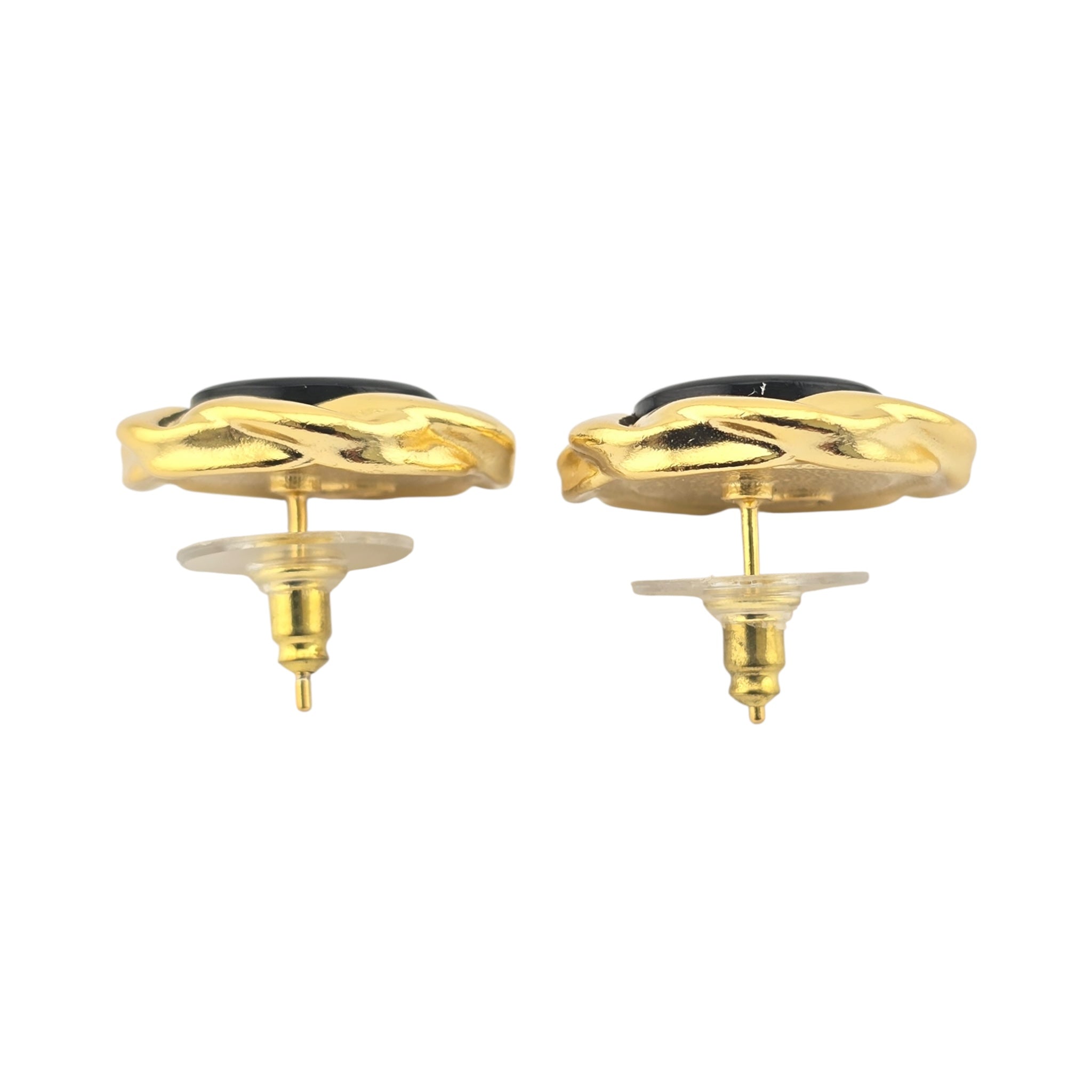 Chanel Resin CC Round Earrings Gold Black A22