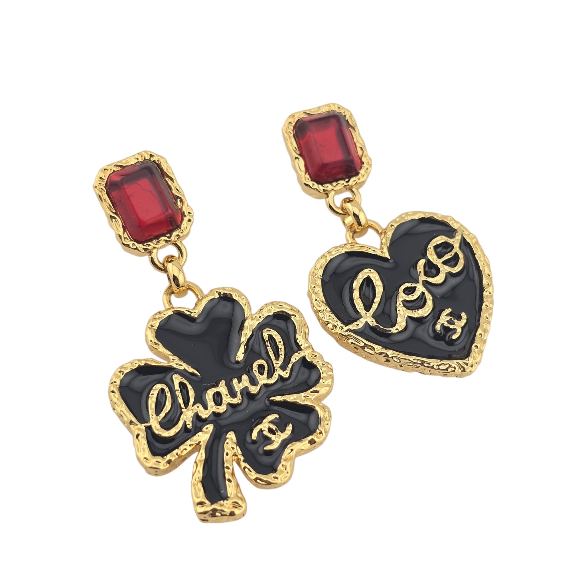 Chanel CC Clover Heart Black Gold Earrings 2024 CHANEL