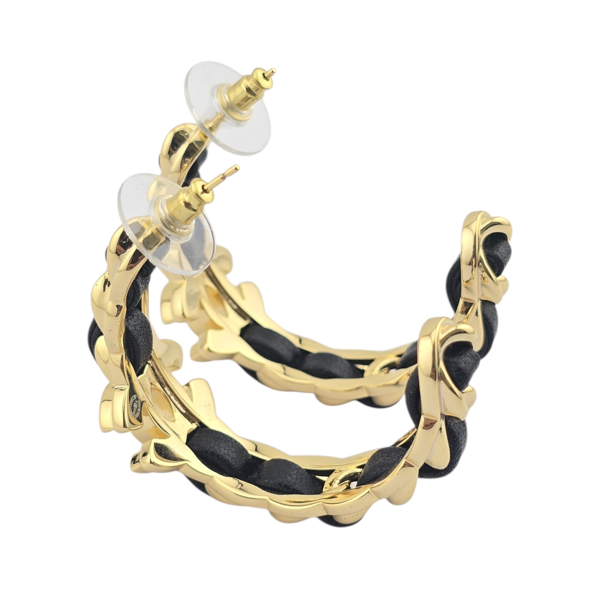 Chanel CC Leather Metal Hoop Earrings 2024 CHANEL