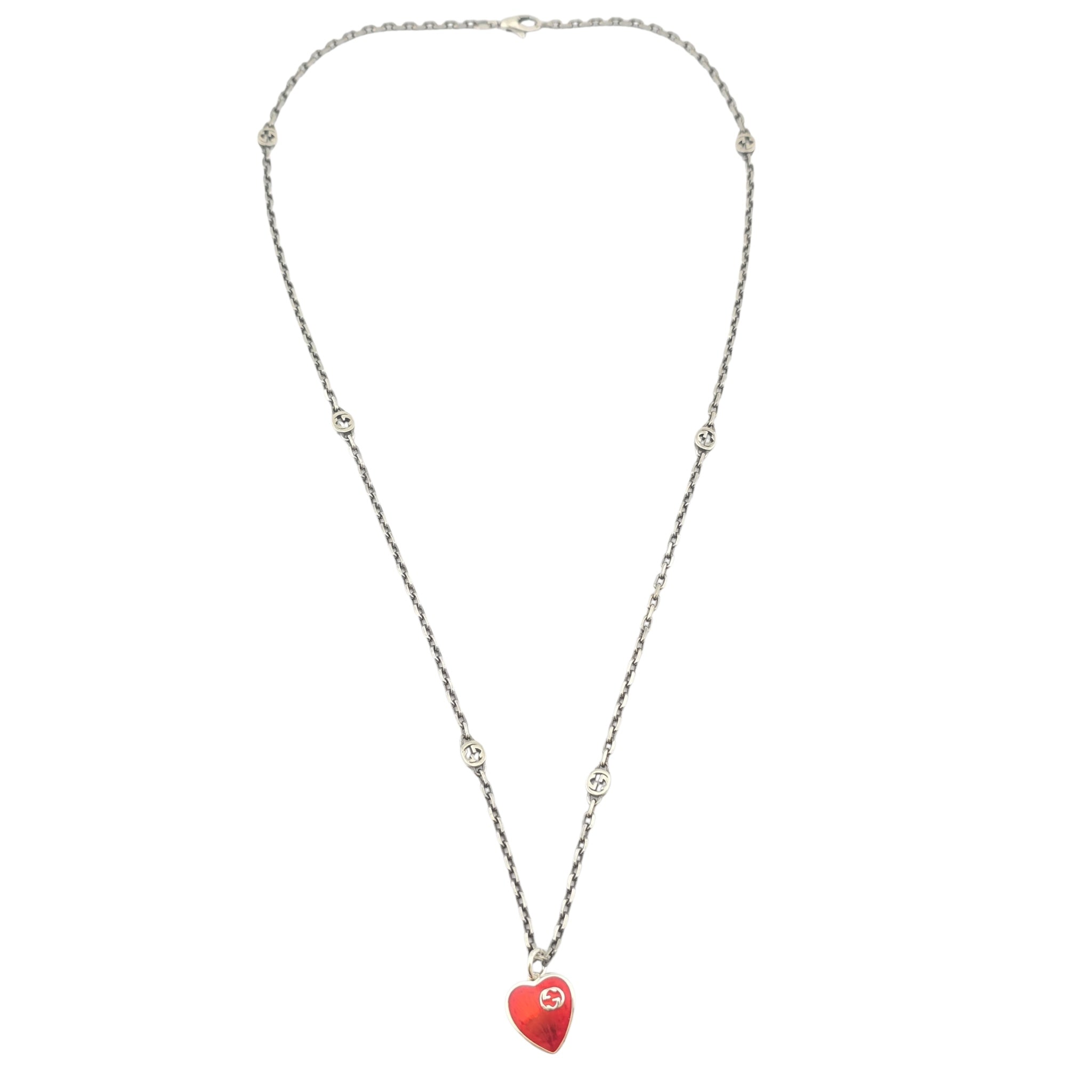 GUCCI Interlocking G Red Heart Silver Necklace GUCCI