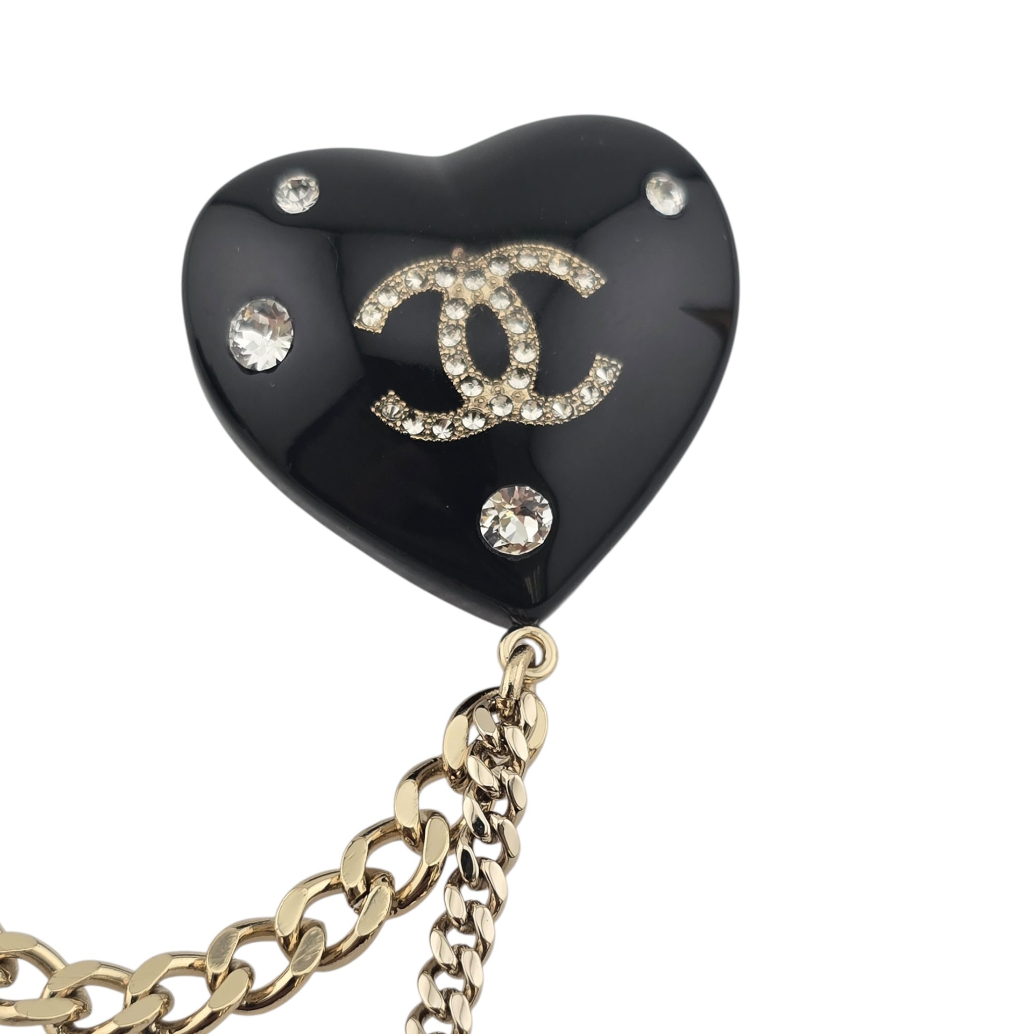 Chanel CC Black Resin Heart Chain Brooch CHANEL