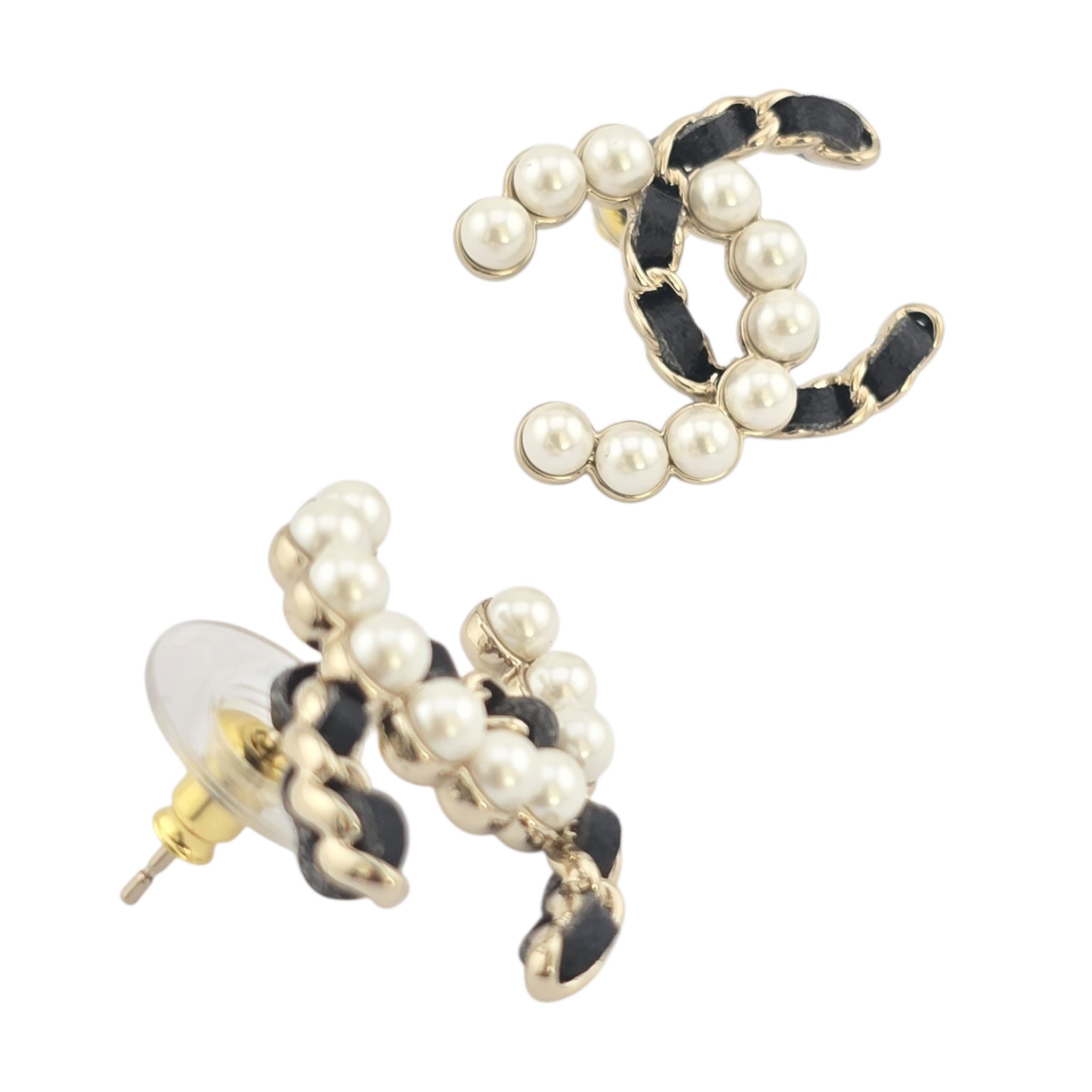 Chanel CC Gold Faux Pearl Leather Stud Earrings 2025 CHANEL