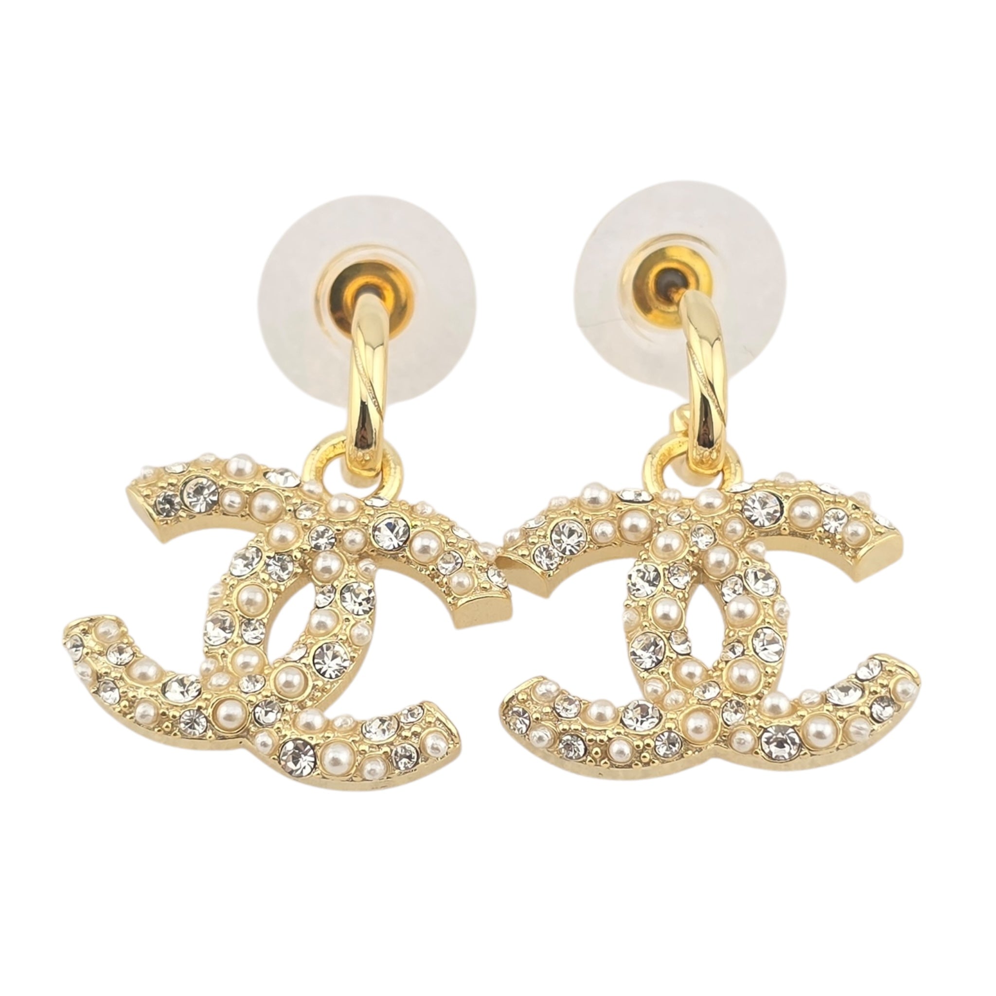 Chanel CC Gold Drop Crystal Faux Pearl Earrings 2022 CHANEL