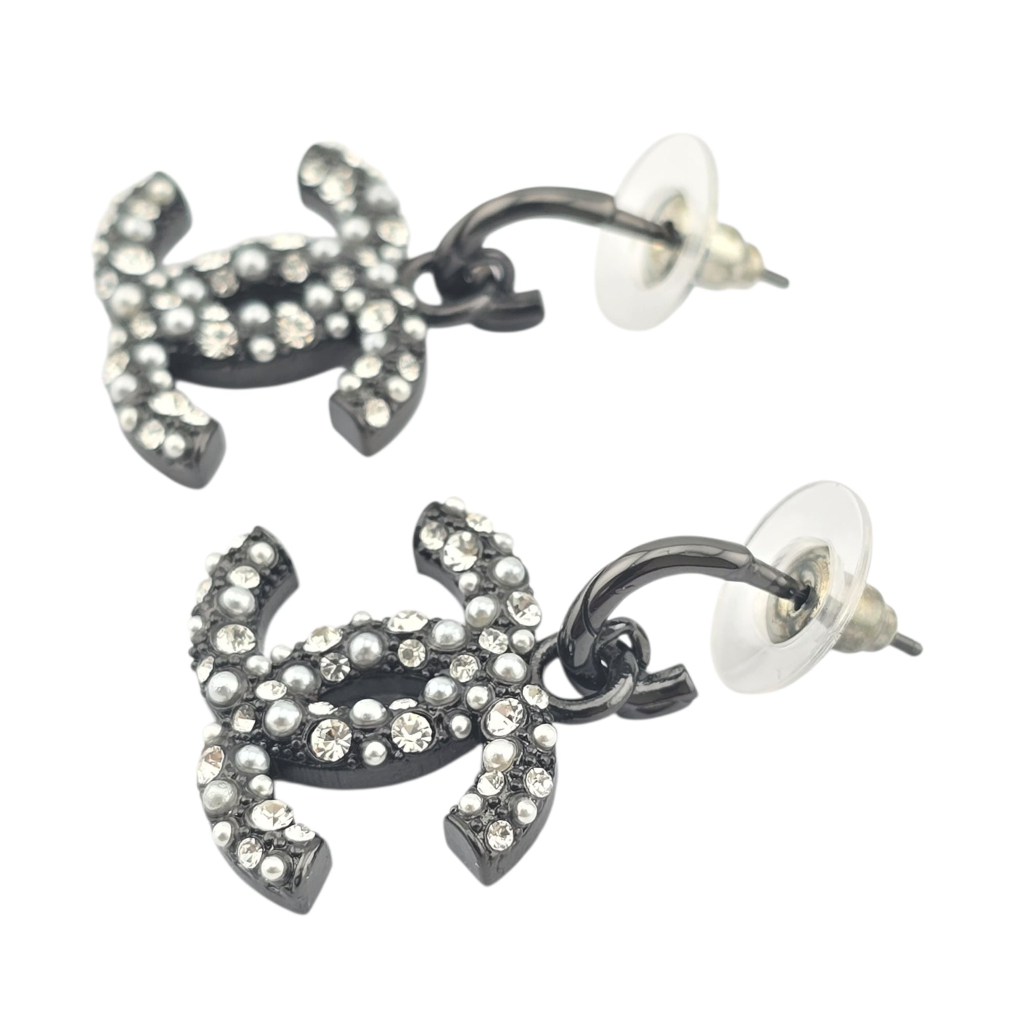 Chanel CC Ruthenium Drop Crystal Faux Pearl Earrings 2022 CHANEL