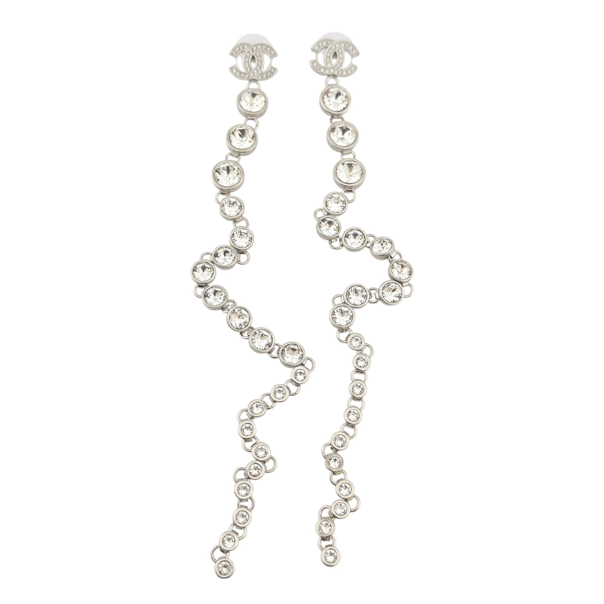 Chanel CC Crystal Long Drop Silver Earrings 23SS CHANEL
