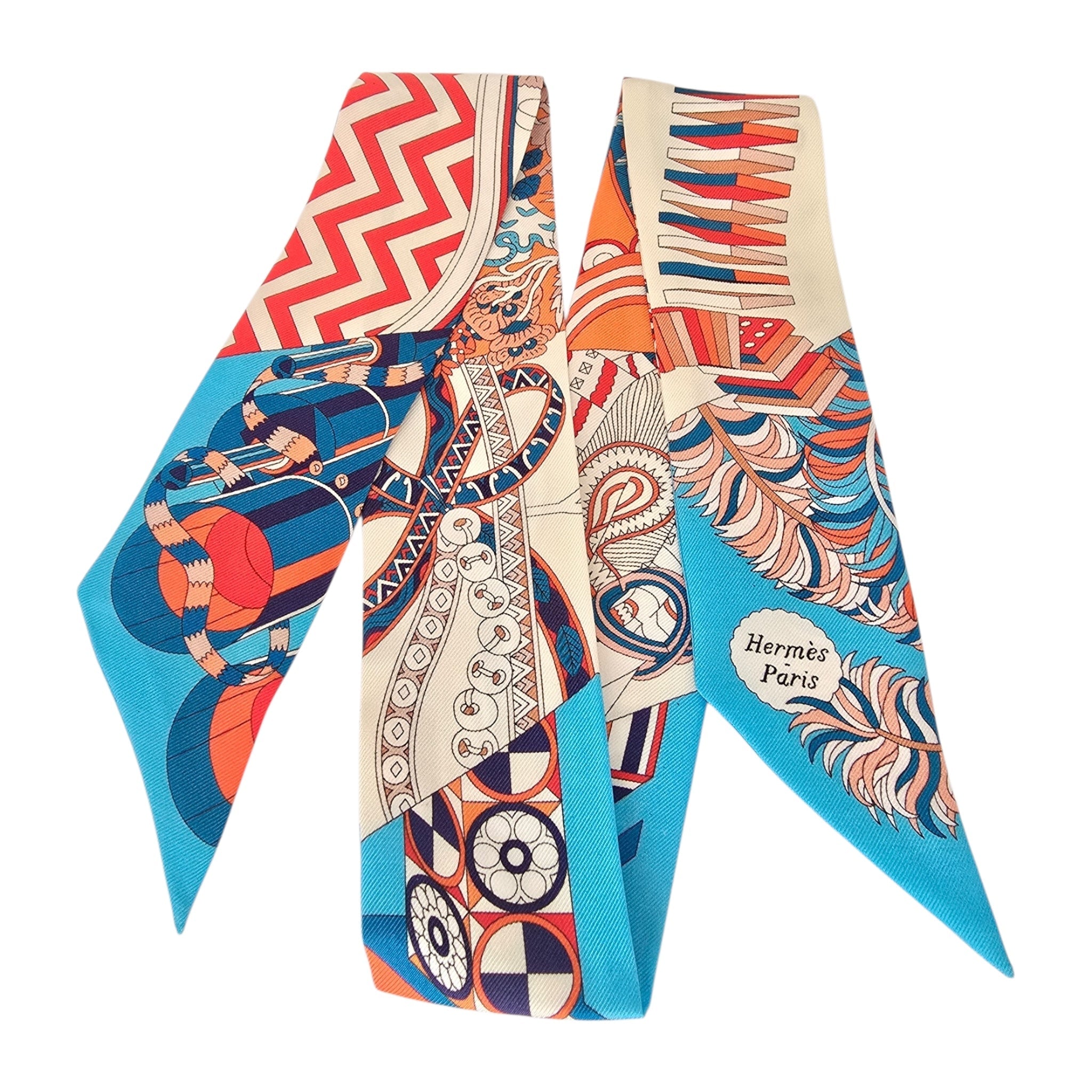 Hermes Silk Twilly De L’Ombrelle Aux Duels Blue Potiron and Creme HERMES