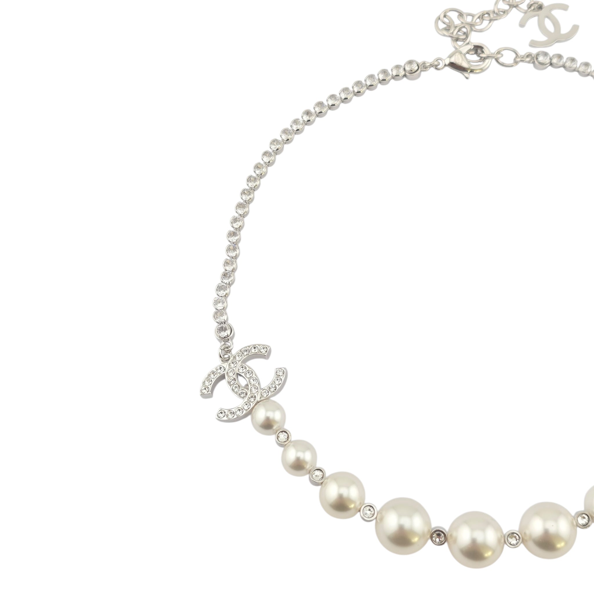 Chanel CC Faux Pearl Silver Crystal Necklace 2025 CHANEL