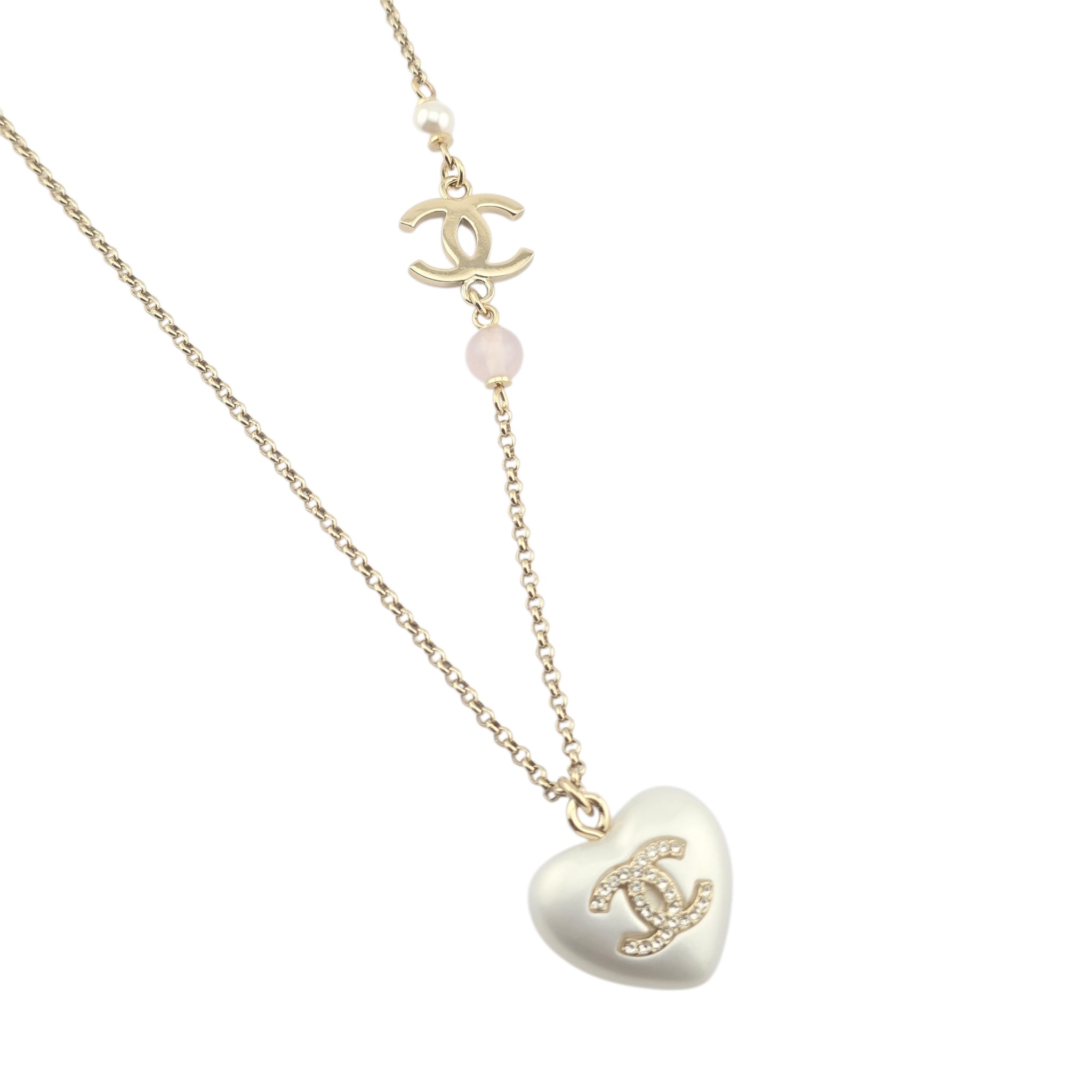Chanel CC Pearl Crystal Heart Gold Necklace A21