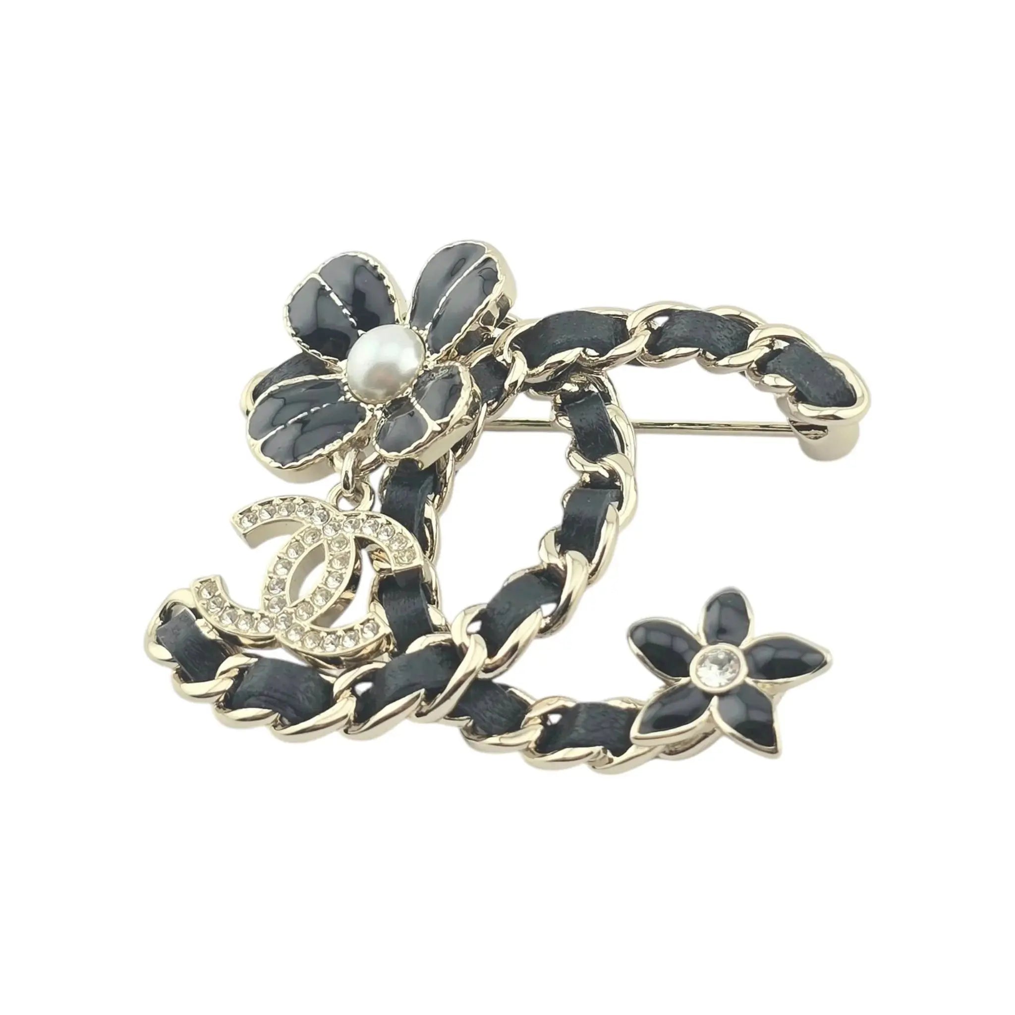 Chanel CC Black Leather Floral Brooch 2022 CHANEL