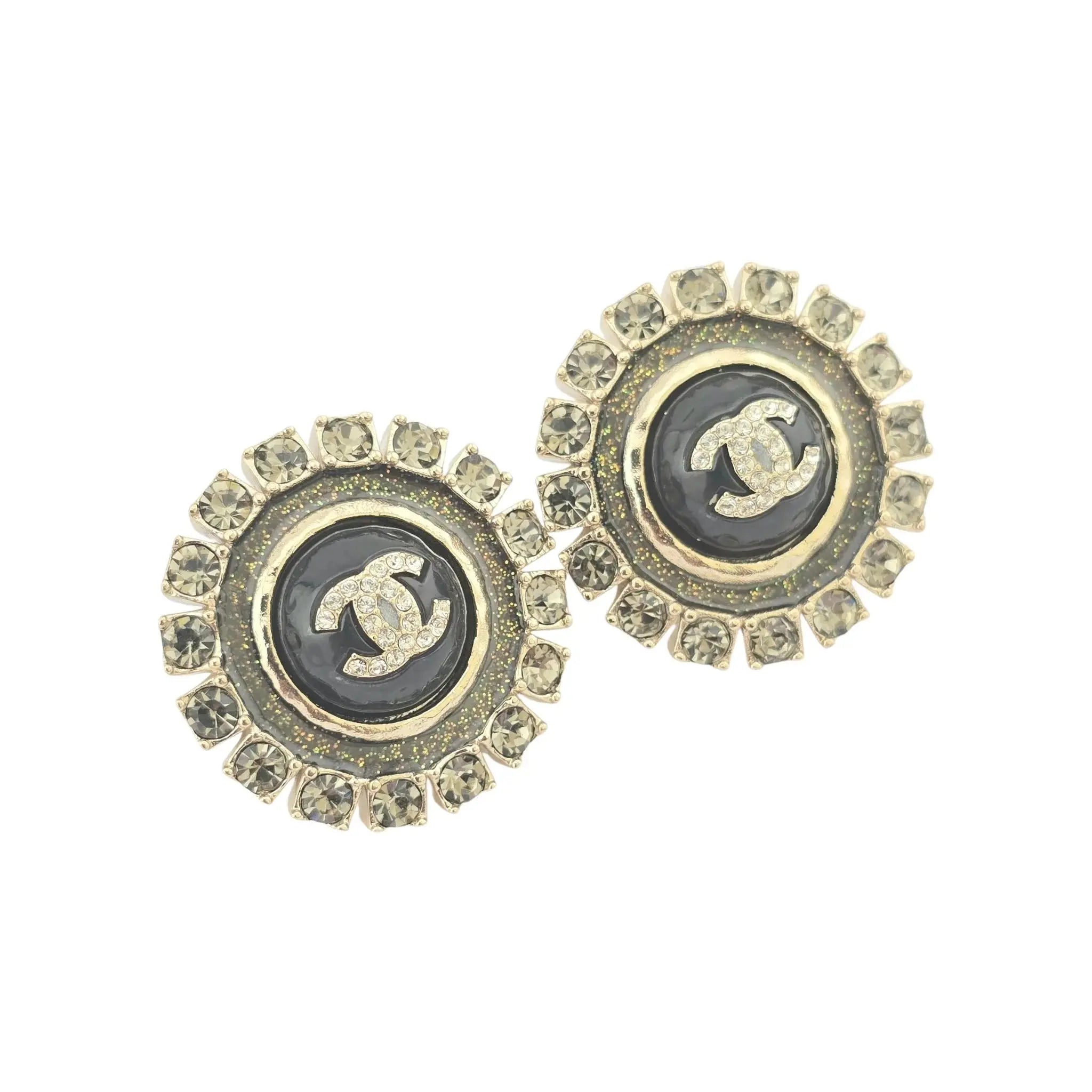 Chanel CC Crystal/Enamel Metallic Round Earrings CHANEL
