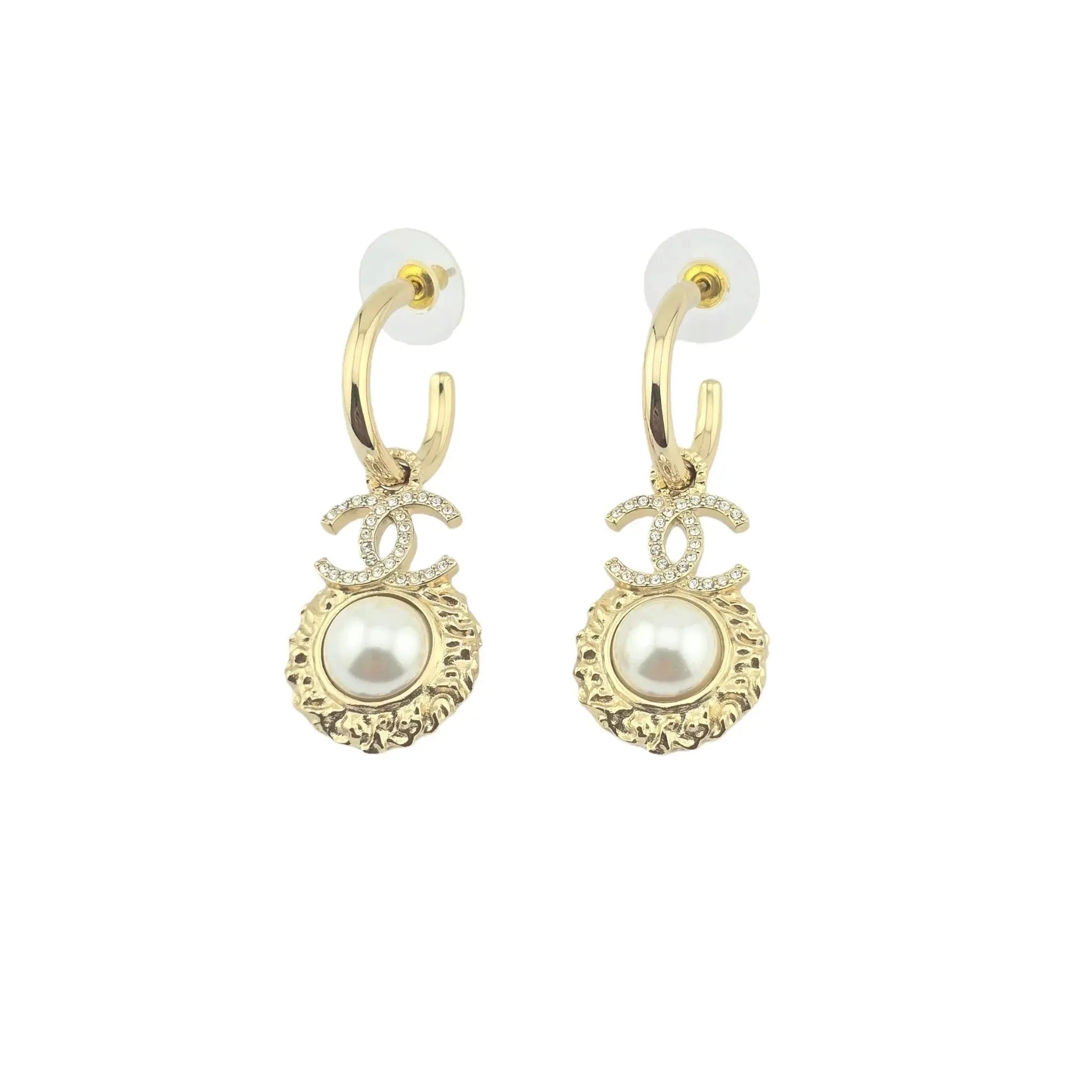 Chanel CC Faux Pearl & Strass Drop Hoop Earrings 2022 CHANEL