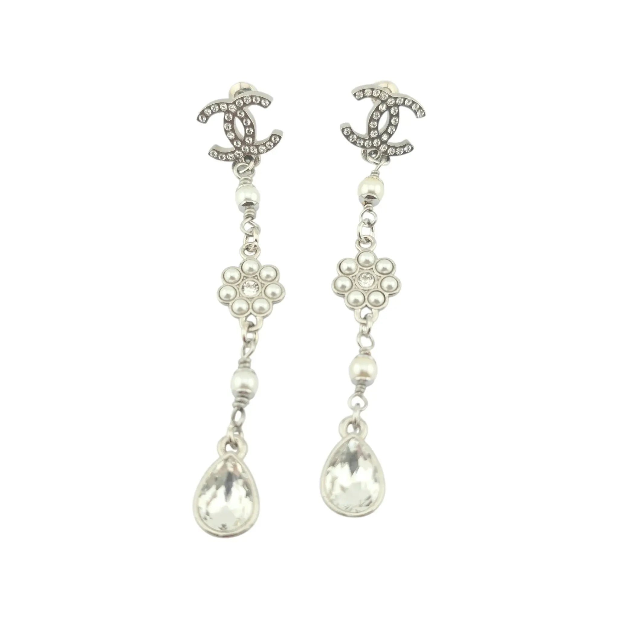 Chanel CC Drop Crystal Faux Pearls Silver Earrings 2020 CHANEL