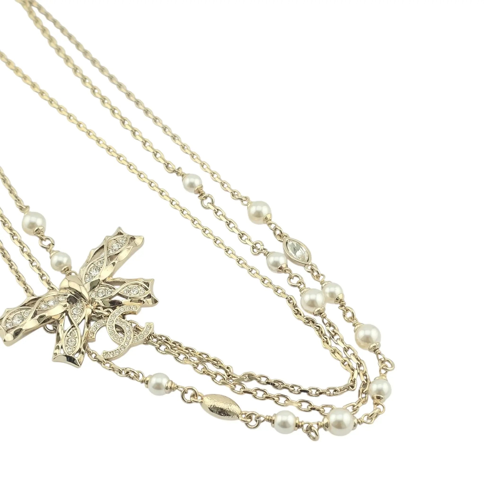 Chanel CC Bow Crystal Faux Pearl Necklace 2024 CHANEL