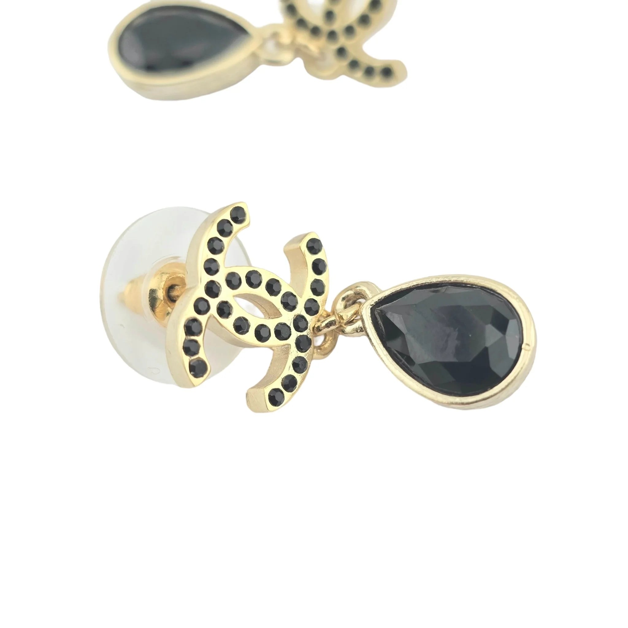 Chanel Crystal CC Teardrop Earrings Gold Black 2021 CHANEL