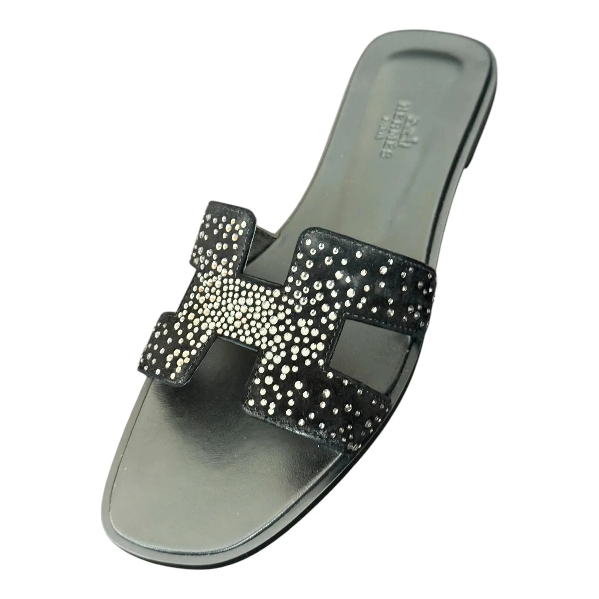 Hermes Oran Sandal Black Crystal Embellished Suede - 40 HERMES
