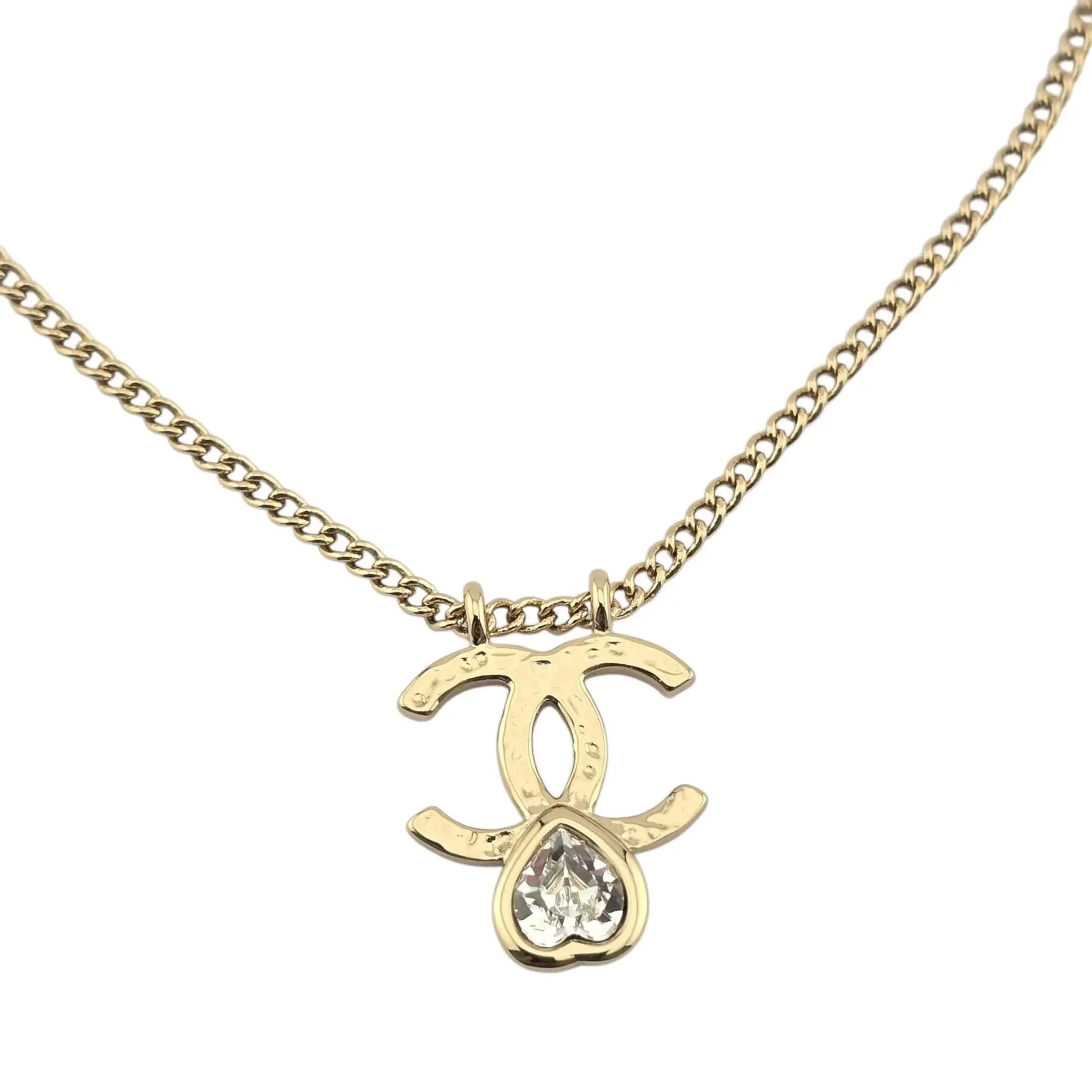 Chanel CC Gold Crystal Heart Pendant Necklace B22 CHANEL