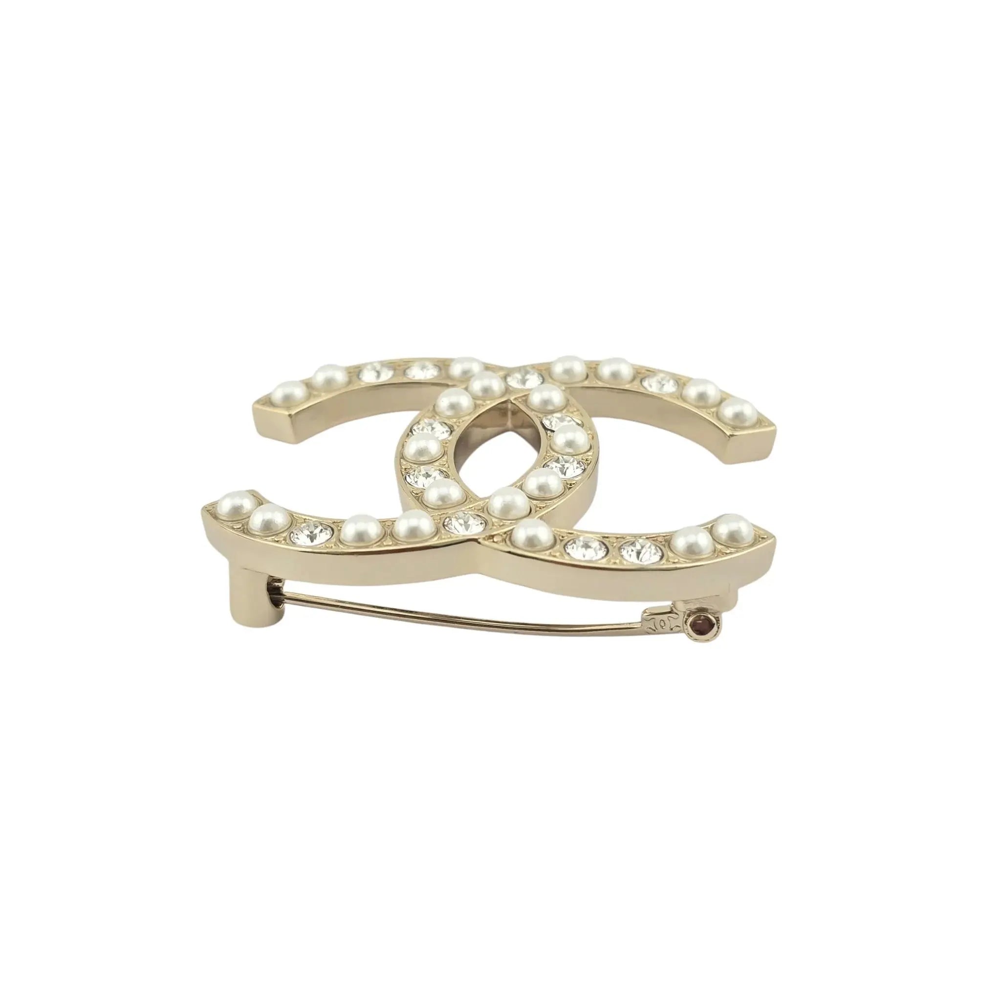 Chanel CC Gold Crystal Faux Pearl Brooch 2023 CHANEL