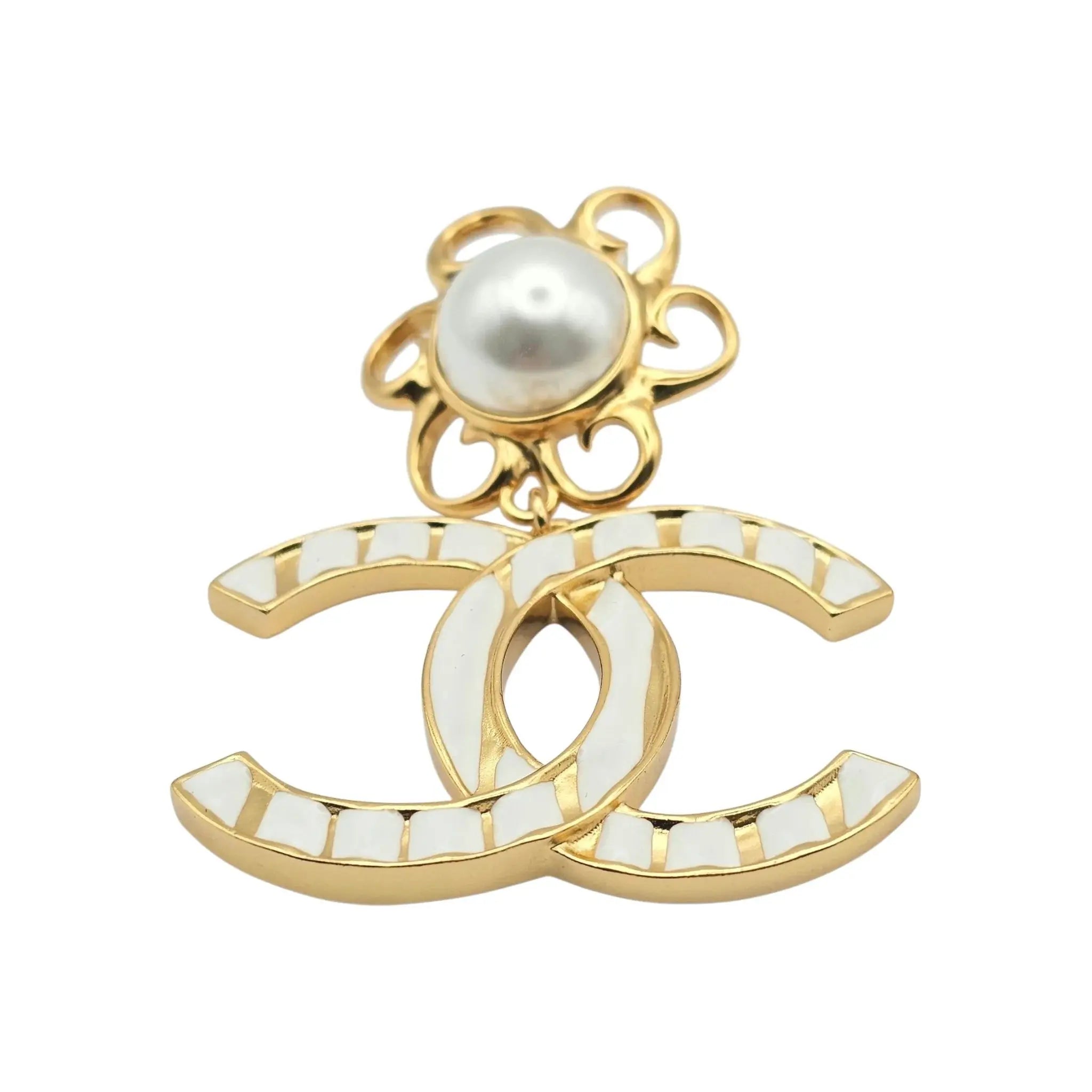 Chanel 23C XL Gold White Stripe Clip On Dangle Drop Earrings CHANEL