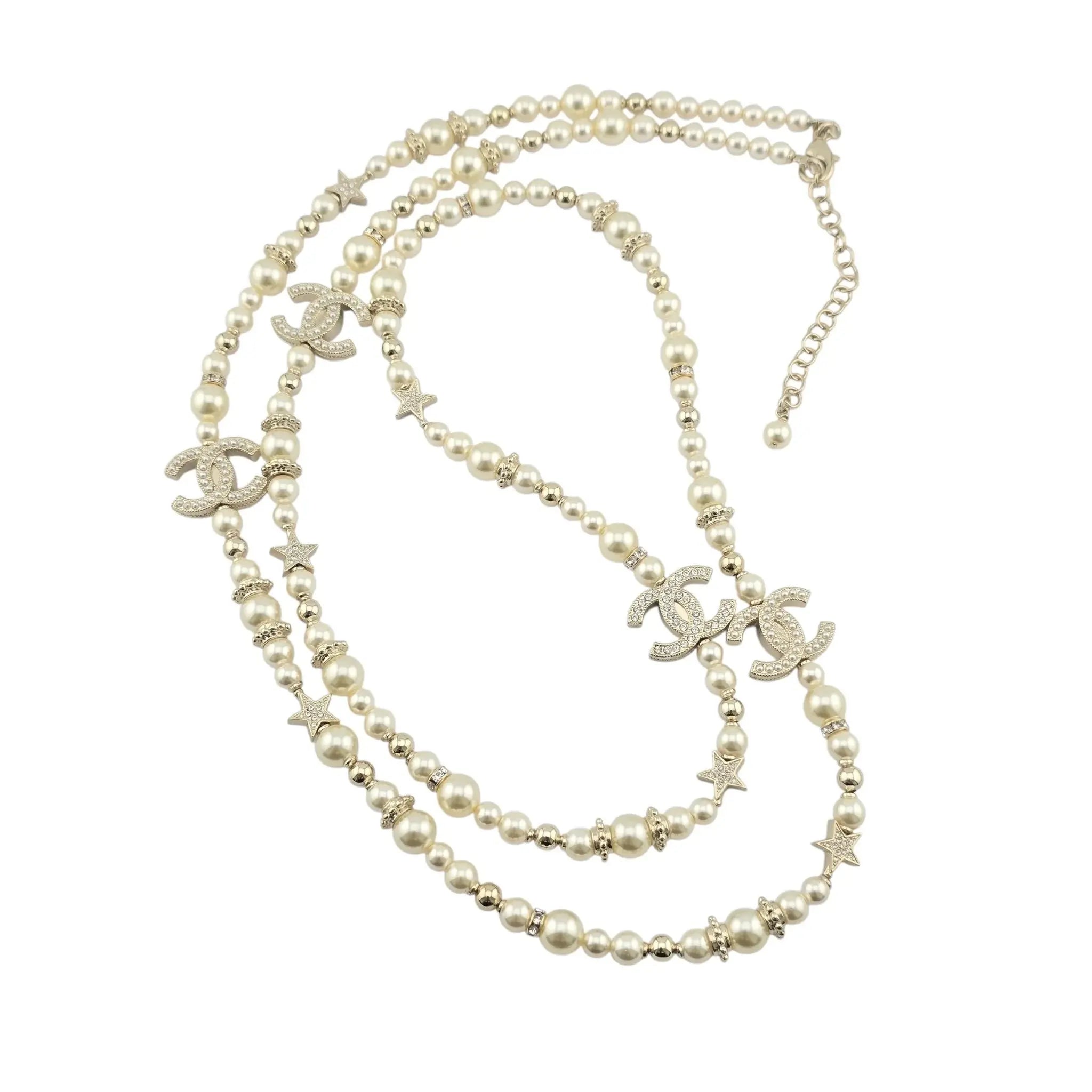 Chanel CC Long Faux Pearl Necklace Star Crystals 2023 CHANEL