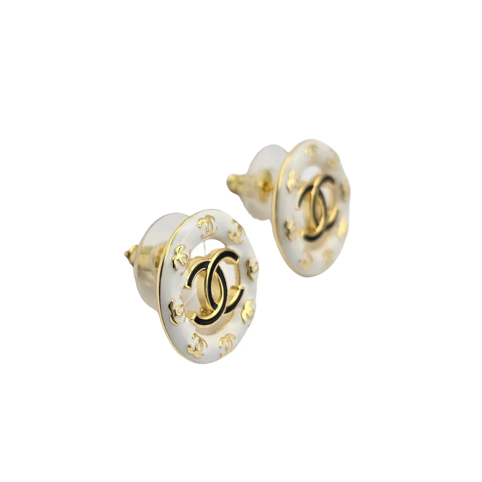 Chanel CC Round Stud Earrings White/Black Enamel 2024 CHANEL