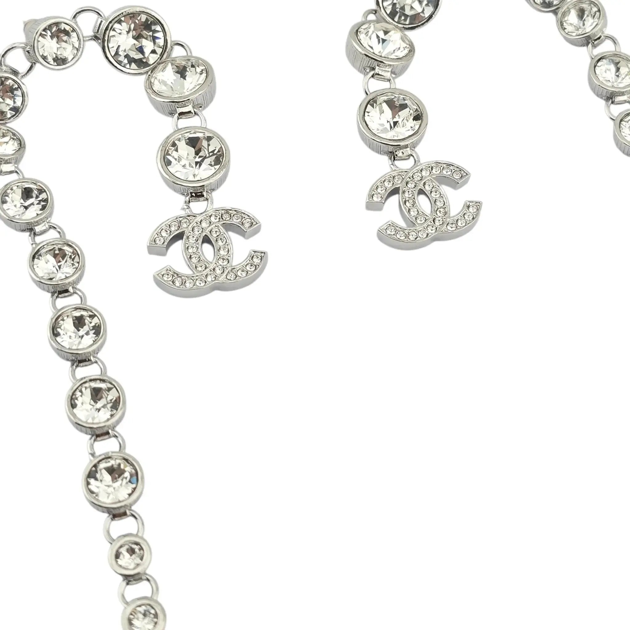 Chanel Crystal CC Long Drop Earrings Silver 2023 CHANEL