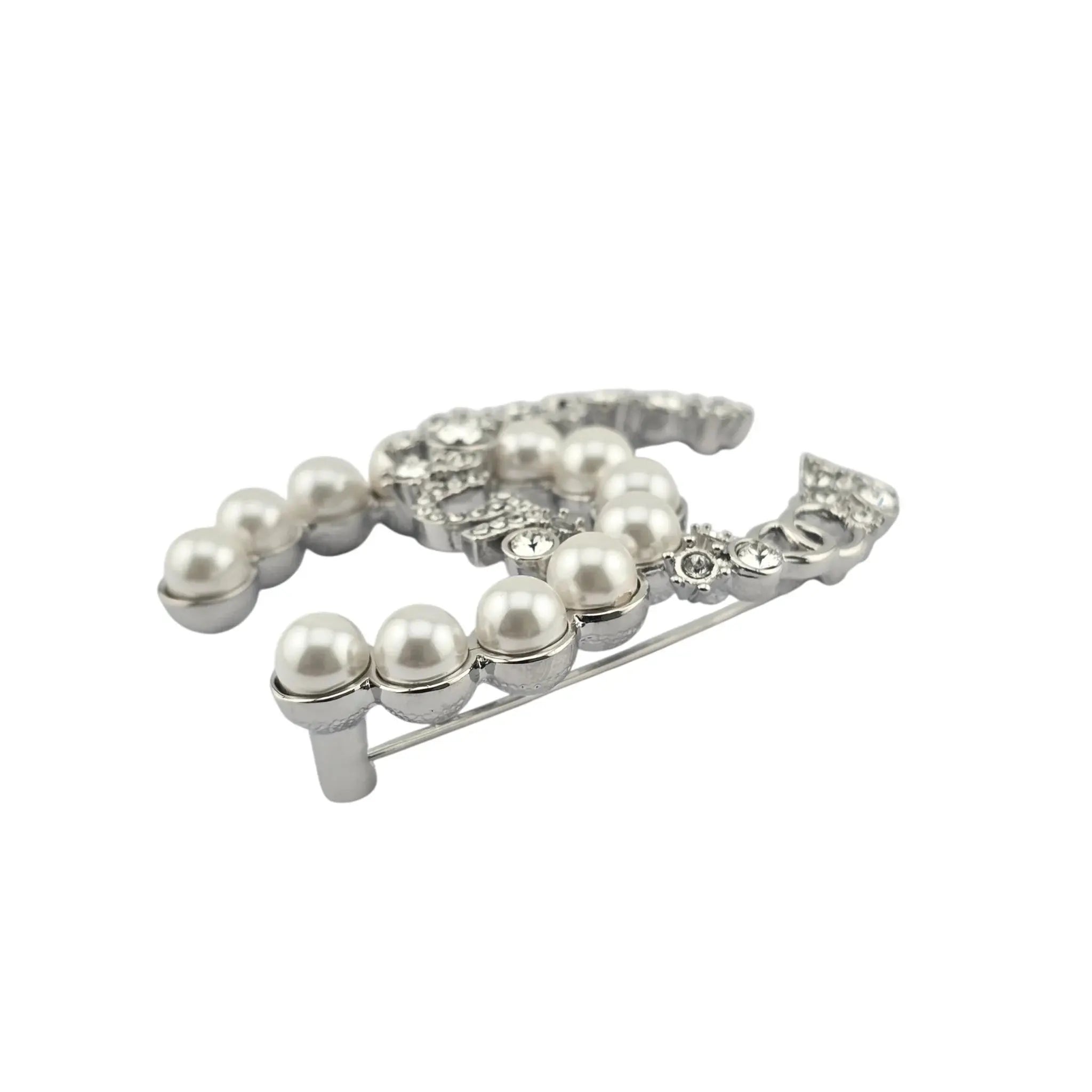 Chanel CC Crystal Pearl Star 5 Brooch Silver Pearly White B23 CHANEL