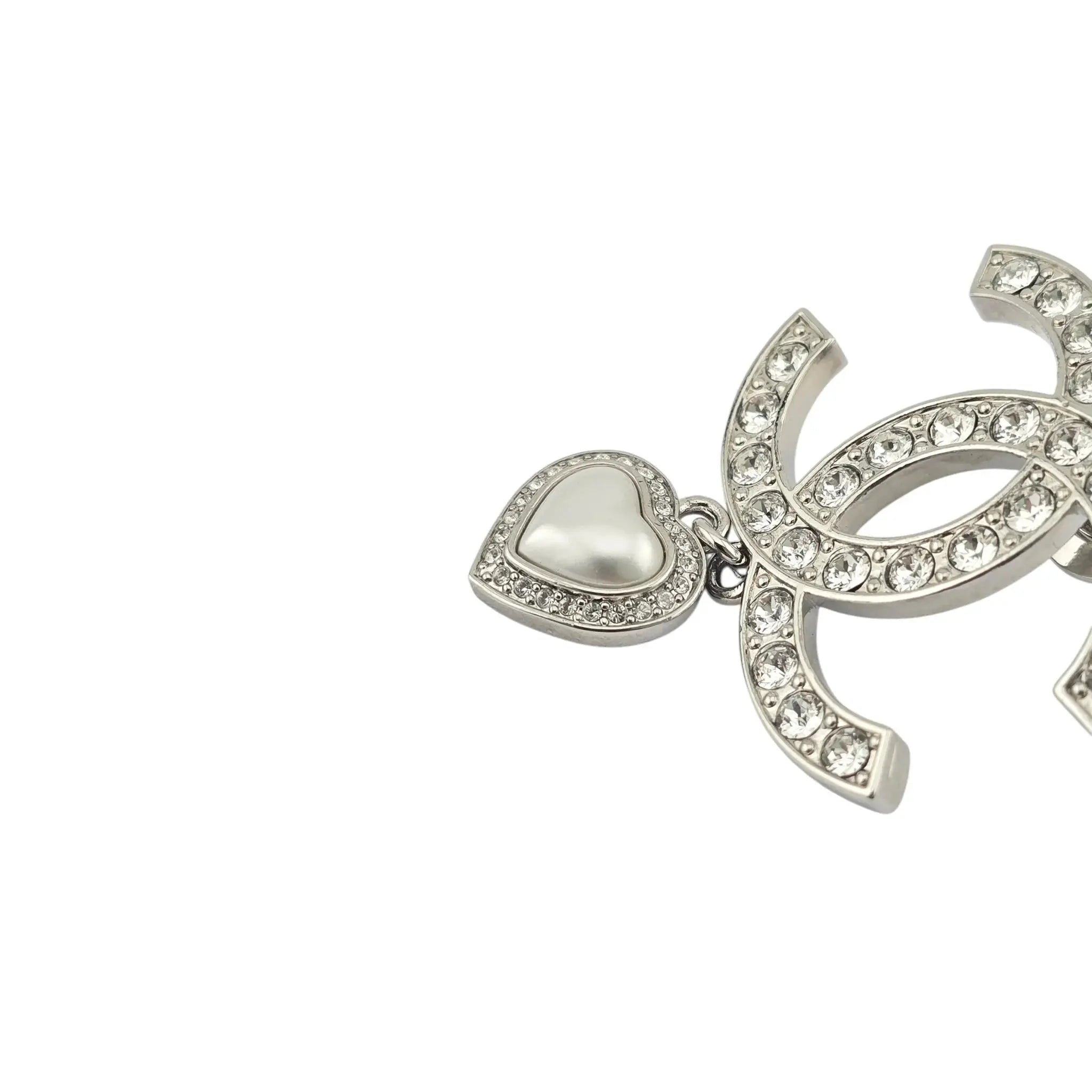 Chanel Crystal Pearl CC Heart Drop Brooch Silver B23 CHANEL