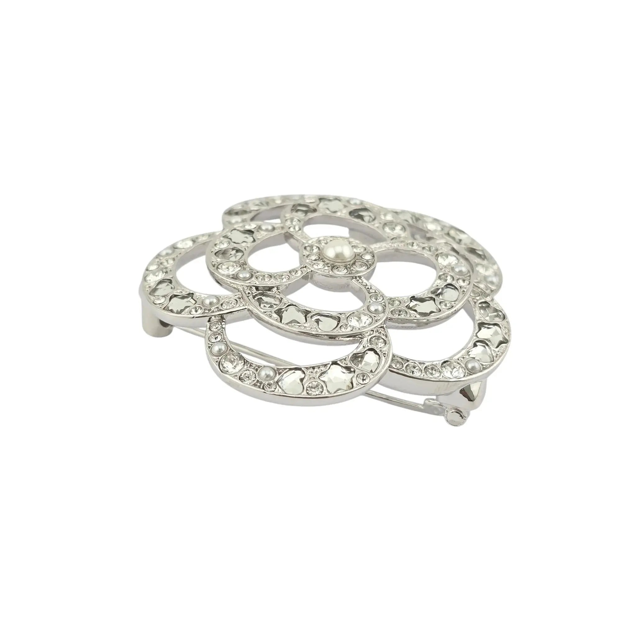 Chanel CC Silver Crystal Camellia Flower Brooch 2025 CHANEL