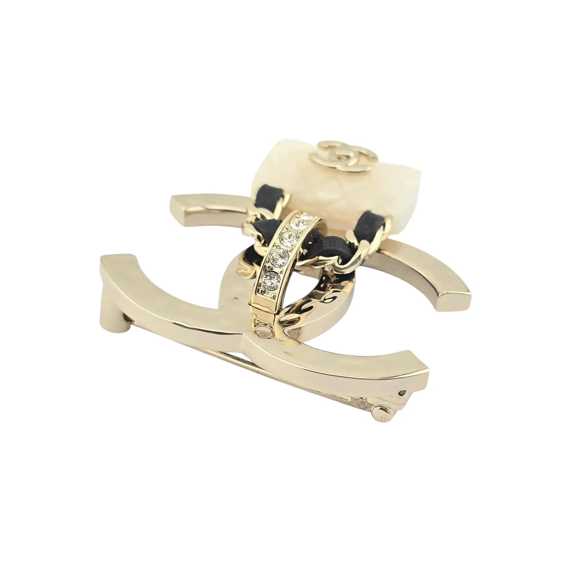 Chanel CC Crystal Resin Flap Bag Brooch Gold White 2023 CHANEL